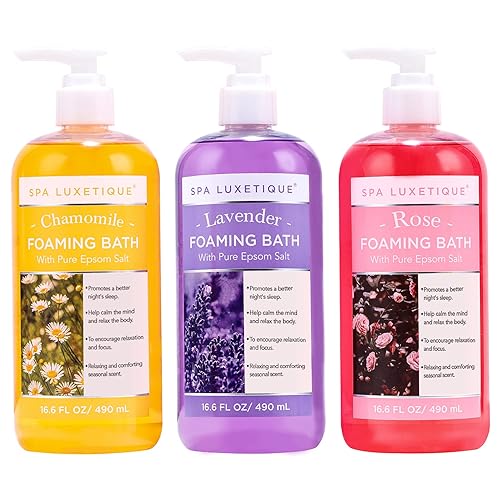 Spa Luxetique Bubble Bath, Foaming Bath with Epsom Salt, Chamomile Rose and Lavender Scent Bathing Set, 3 Pack 49.8 fl oz Christmas Gifts Set
