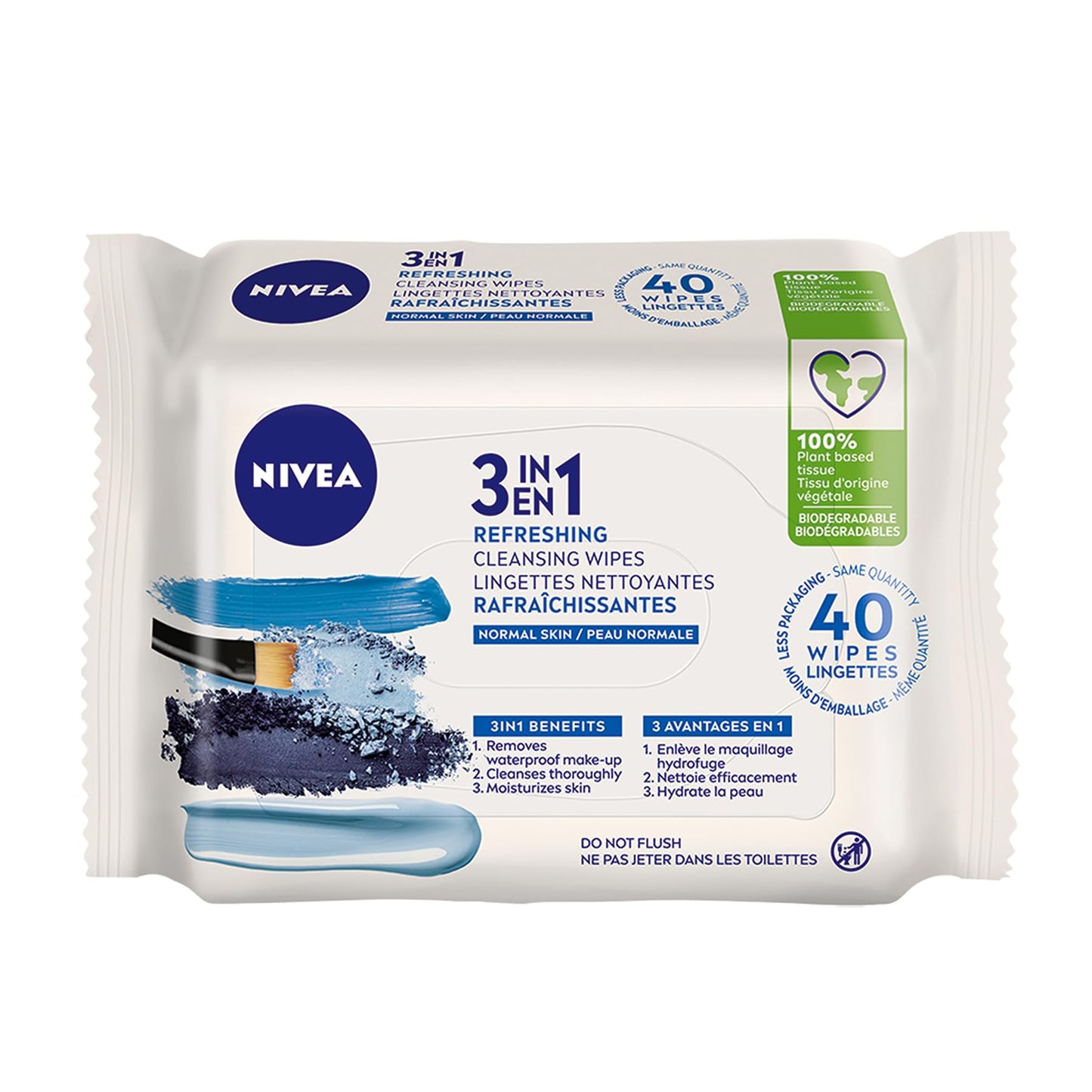NIVEA 3-in-1 Refreshing Face Cleansing Wipes (40 Count), Normal/Combination Skin, Biodegradable, Plant-Based Fibres, Makeup Remover, Dermatologically