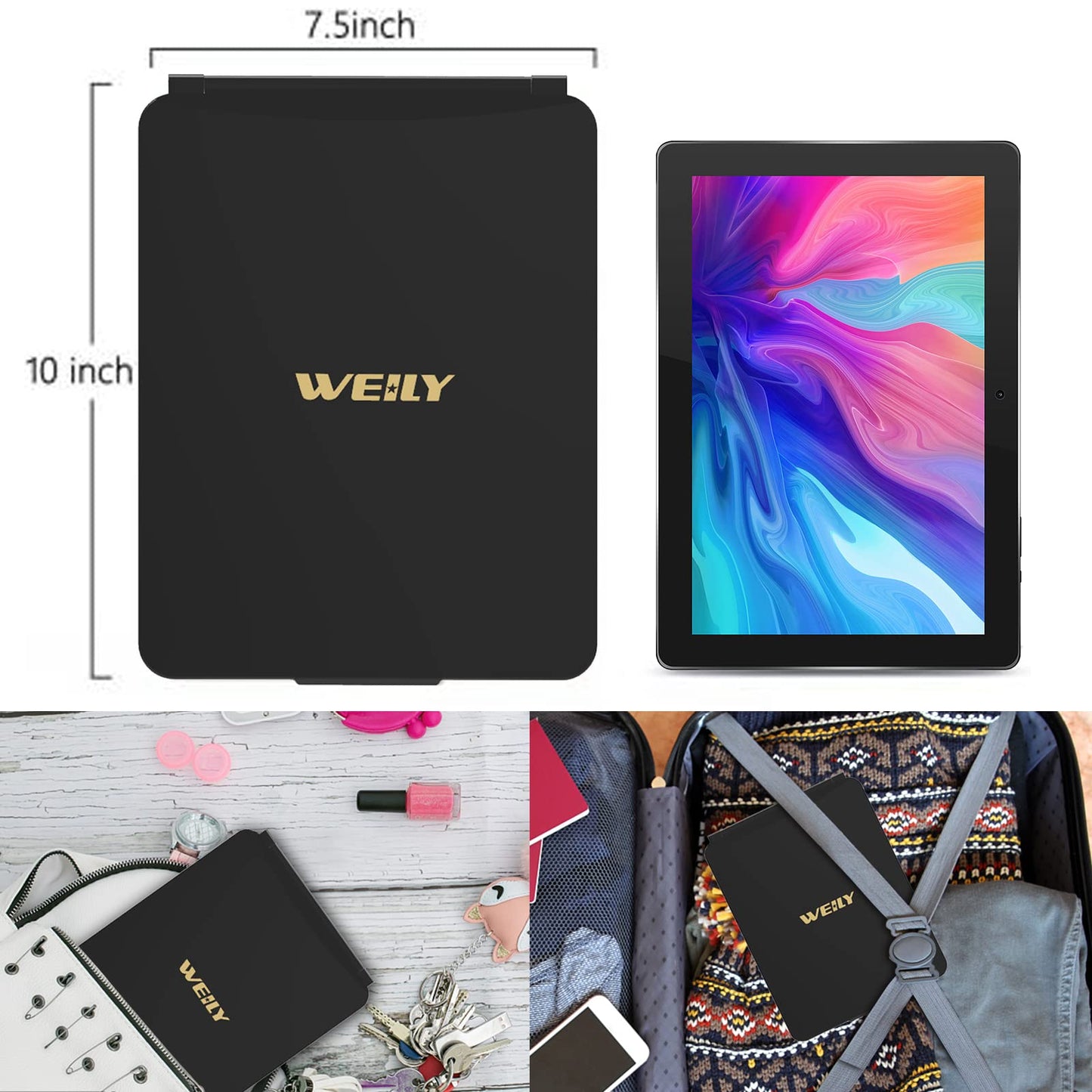 WEILY Portable Travel Mirror Makeup Mirror with 72 LED Lights, Touch Screen Three Colors Dimmable,Ultra Thin, 2000 mAh USB Rechargeable Foldable