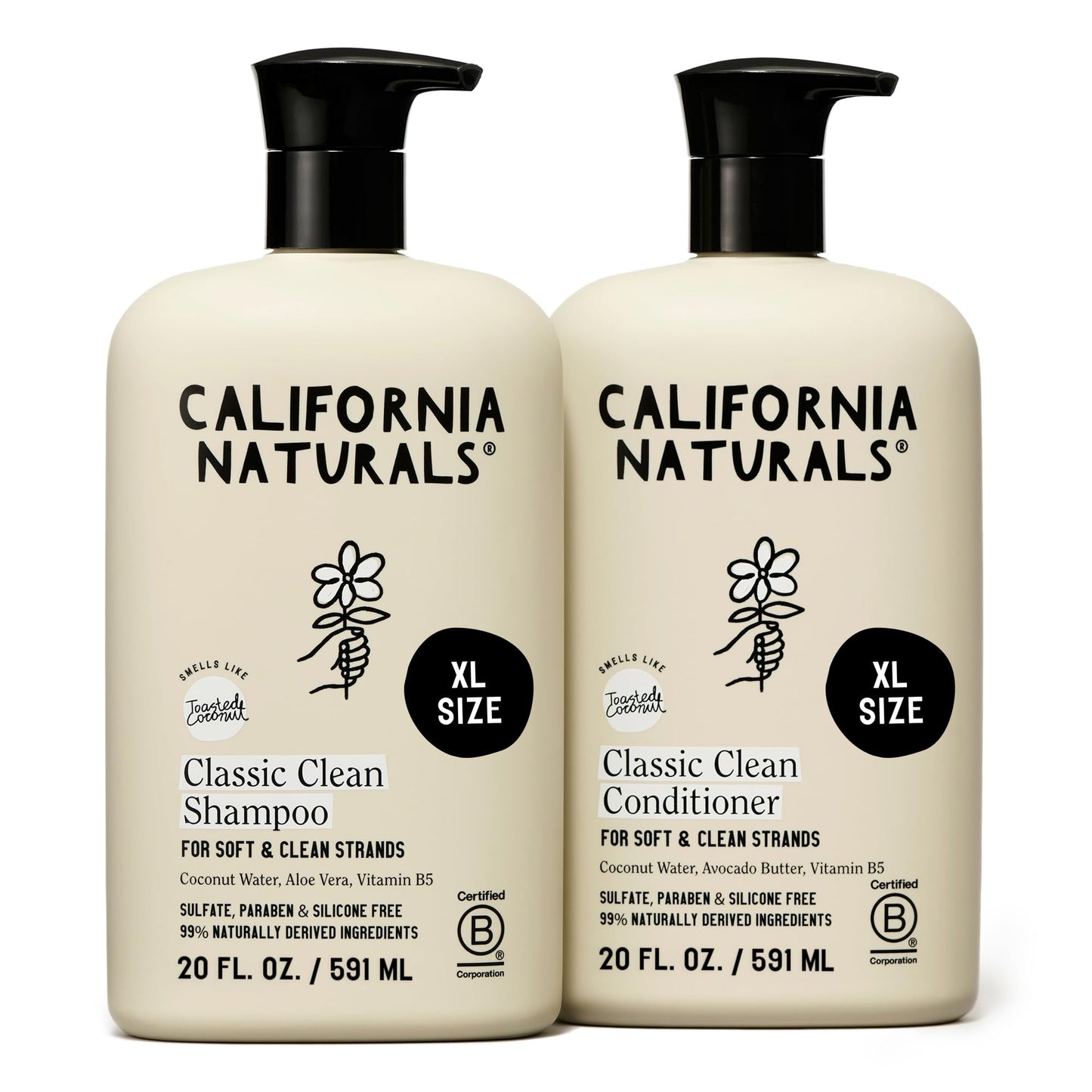 California Naturals Classic Clean Toasted Coconut Shampoo and Conditioner Set, Hair Care for Women & Men, Natural, Vegan, Cruelty, Silicone, Paraben
