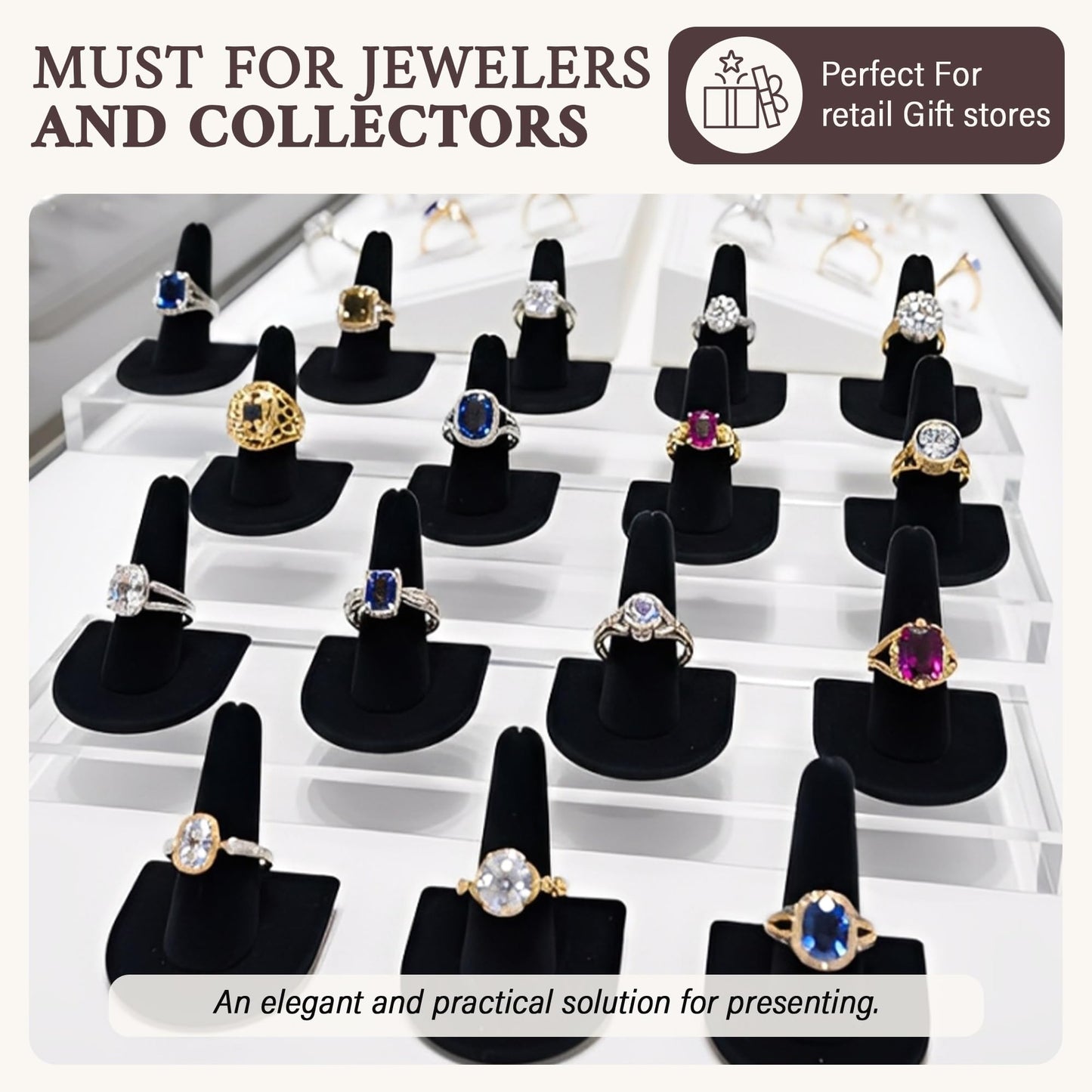 RJ Displays 2 Pcs Black Velvet Rings Display Stand, Jewelry Holder Organizer for Wedding, Showcase & Selling-Perfect Ring Display Case-Jewelry Ring…