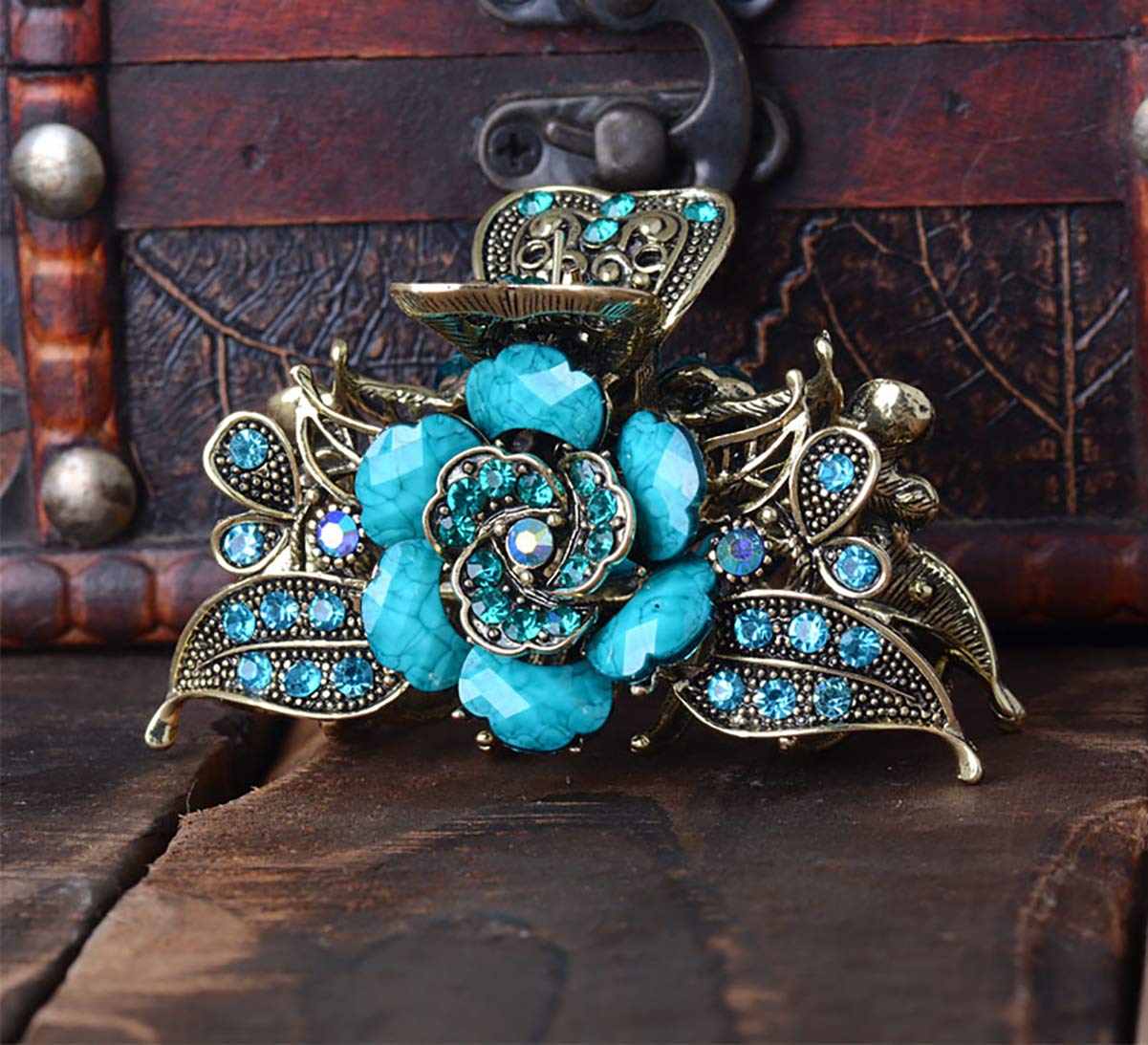 Women Retro Rose Flower Hair Claw Imitation Turquoise Fancy Jaw Clips Pins Fashion Alloy Rhinestone Hair Catch Barrette Hair Updo Grip Hair