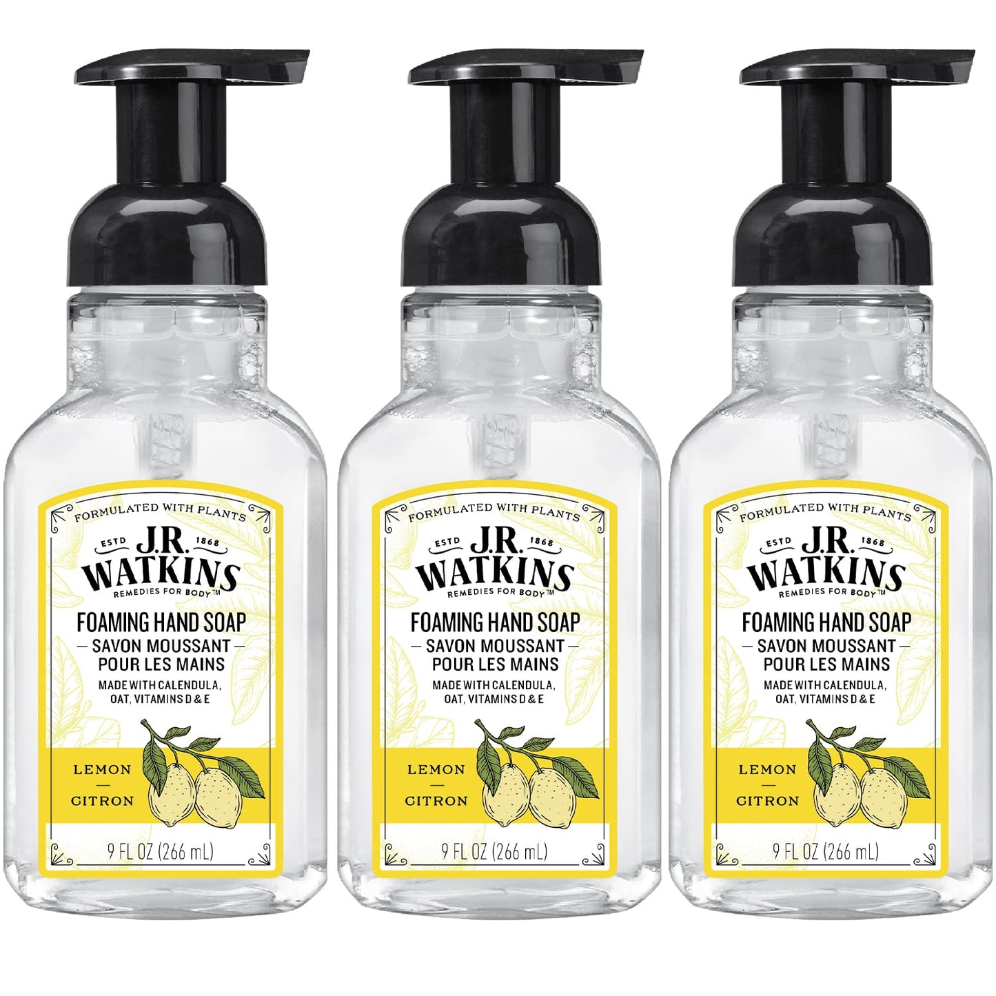 J.R. Watkins Foaming Hand Soap For Bathroom or Kitchen, Scented, Cruelty Free, 9 Fl Oz, Lemon, 3 Pack