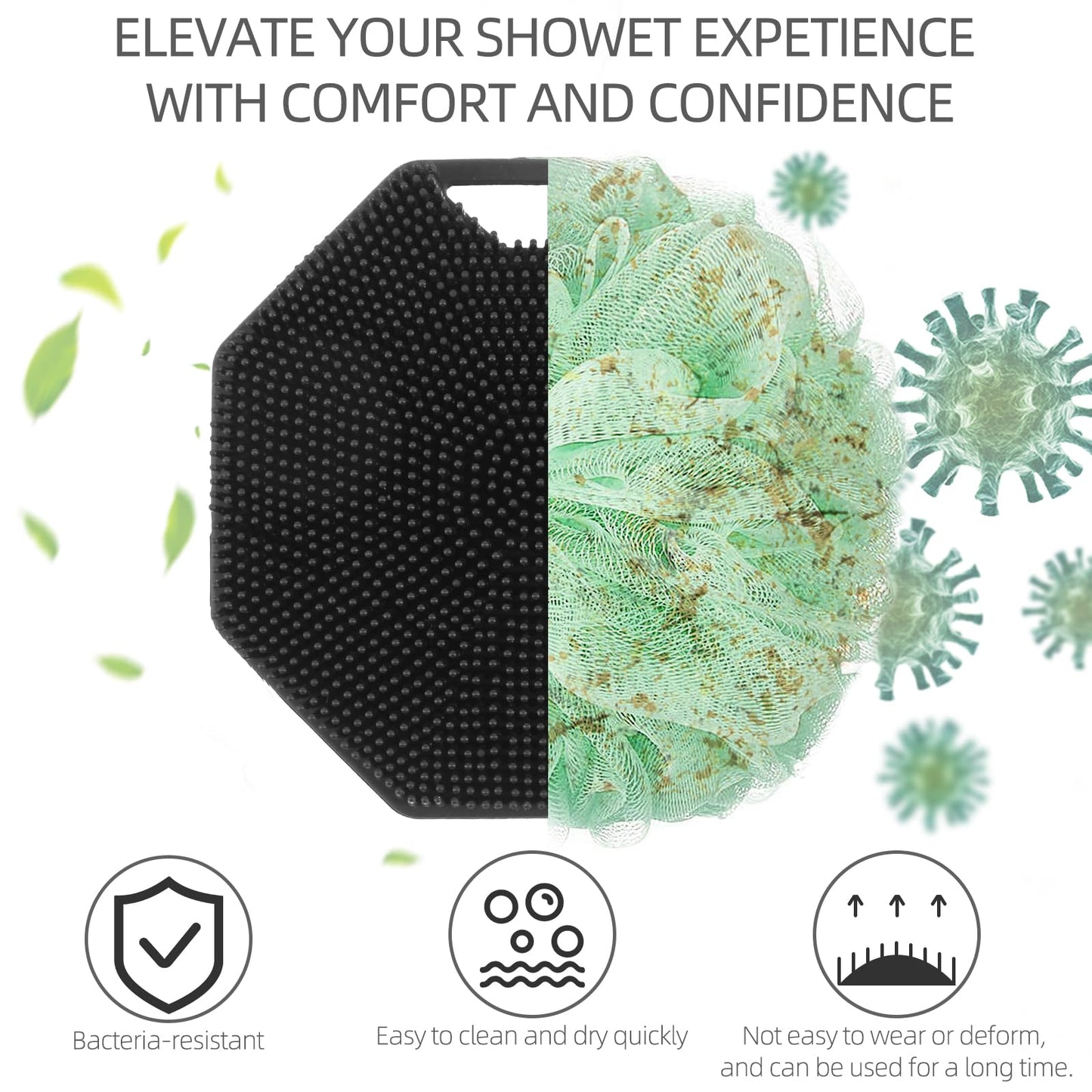 2Pack Silicone Body Scrubber, Qewro Body Buffer Exfoliating Brush with Silicone Loofah, Scalp Exfoliator Hair Shampoo Skin Cleaning Brush, Bath & Body