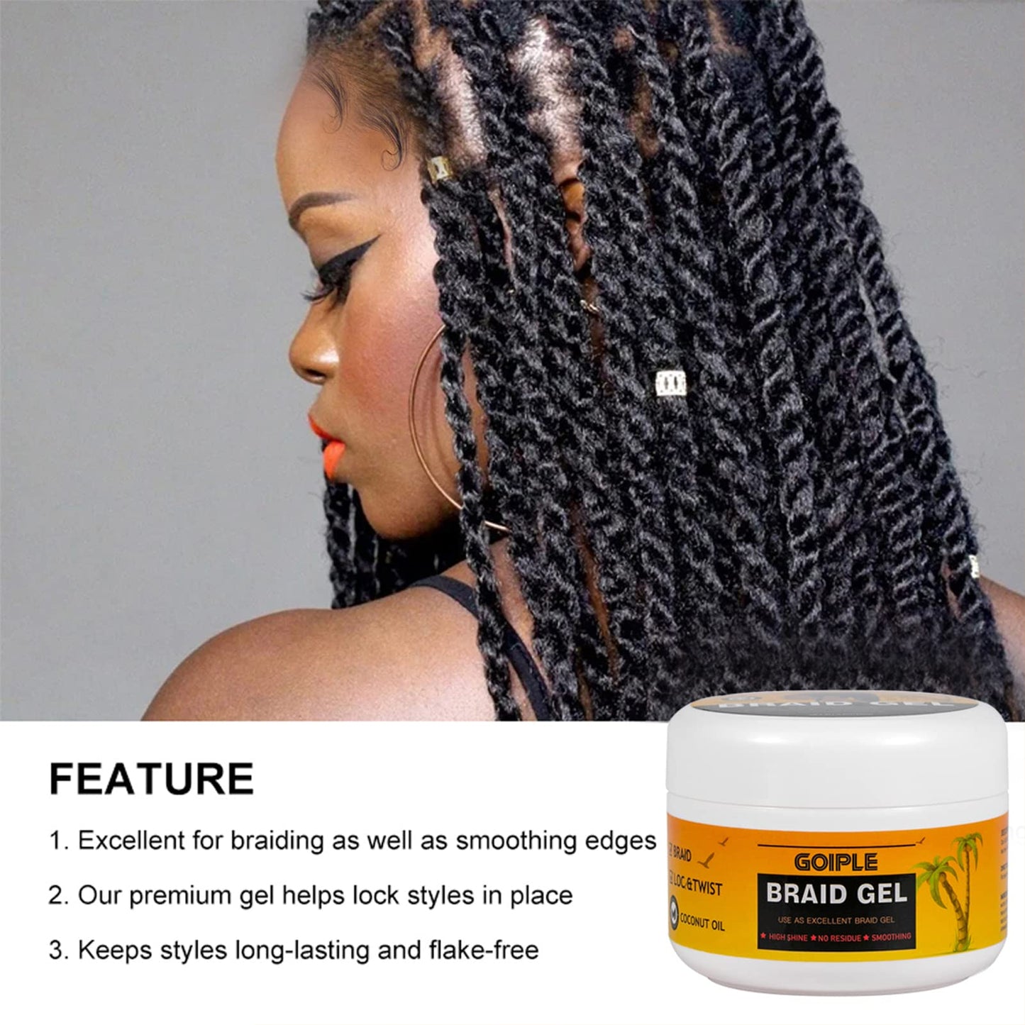 8.8OZ Strong Hold Braiding Gel for Twists, Locs, Cornrows - Tames Frizz, High Shine, No Flake, Easy Edge Control