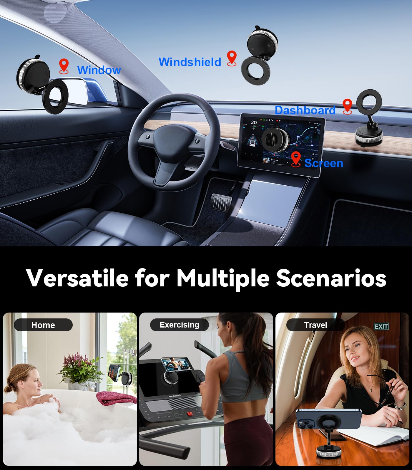 Avischai 2-Pack Vacuum Suction Magnetic Phone Holder for Car Dashboard, Windshield - Hands-Free Strong Grip Mount with 360° Rotation for iPhone…