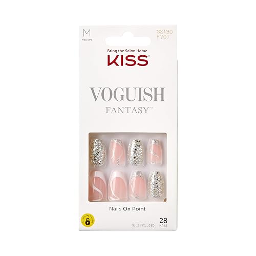 KISS Voguish Fantasy Nails - Fashspiration, Pink & Glittery, Medium Length, Coffin Shape, Ready To Wear, No Damage/Dry Time, Waterproof, Smudge Proof Beauty & Personal Care KISS