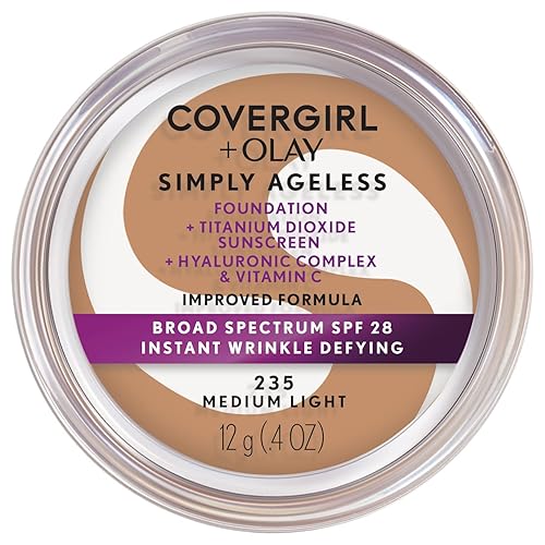 COVERGIRL Simply Ageless Instant Wrinkle Defying Foundation, SPF 28, Hyaluronic Complex & Vitamin C - 235 Medium Light, Pack of 1