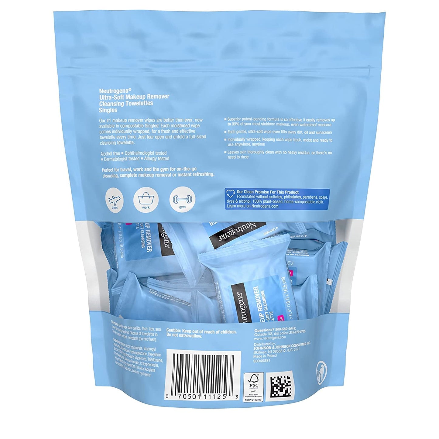 Neutrogena Makeup Remover Cleansing Towelette Singles, Daily Face Wipes to Remove Dirt, Oil, Makeup & Waterproof Mascara, Individually Wrapped, 20 ct