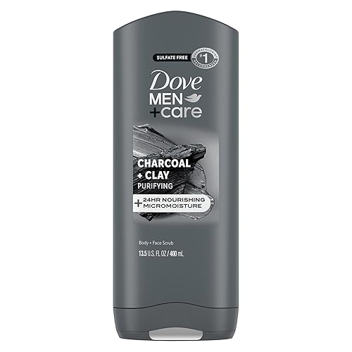 DOVE MEN + CARE Purifying Charcoal + Clay Body and Face Wash with 24-Hour Nourishing Micromoisture Technology Body Wash for Men, 13.5 oz
