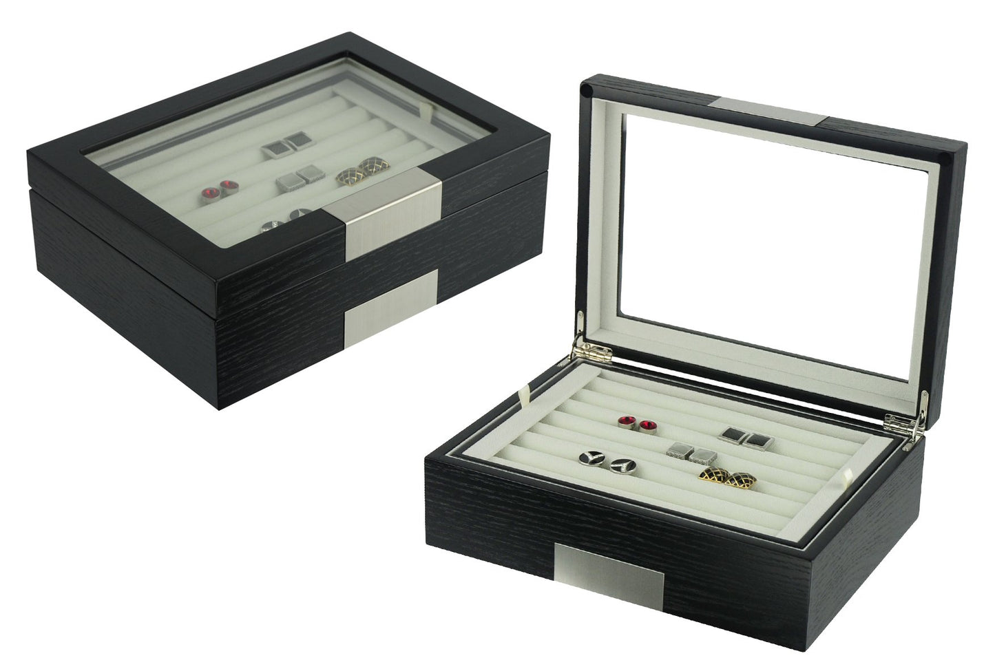 TIMELYBUYS Black Ebony Wood Cufflink Case & Ring Storage Organizer with Stainless Steel Engravable Design Accent Men's Jewelry Box for 20 Cufflinks