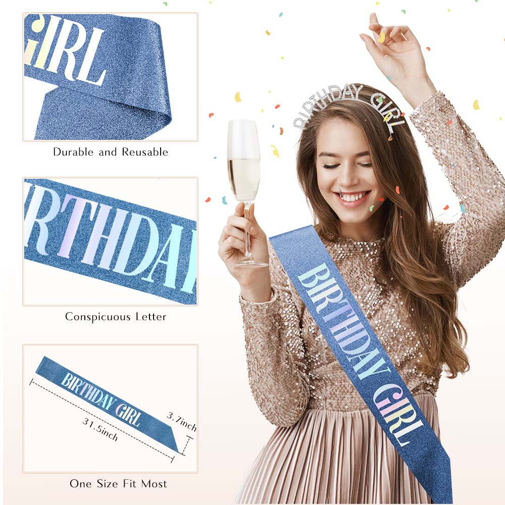 Glitter Birthday Sash, Tiara, and Rhinestone Headband for Women - Blue and White Decorations and Accessories Set Beauty and Personal Care PQRUU