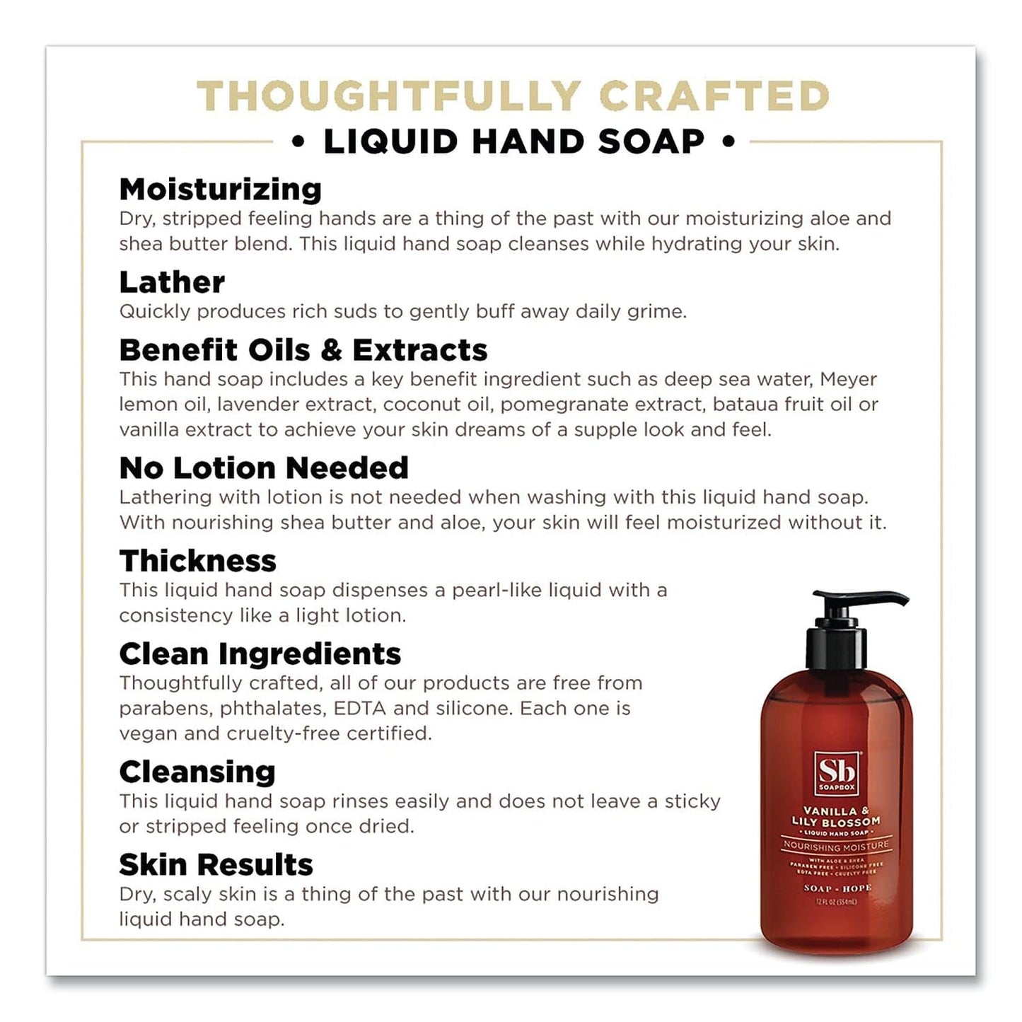 SBS Soapbox Hand Soap, Vanilla and Lily Blossom, 12 oz Pump Bottle, 12/Carton (00679CT)