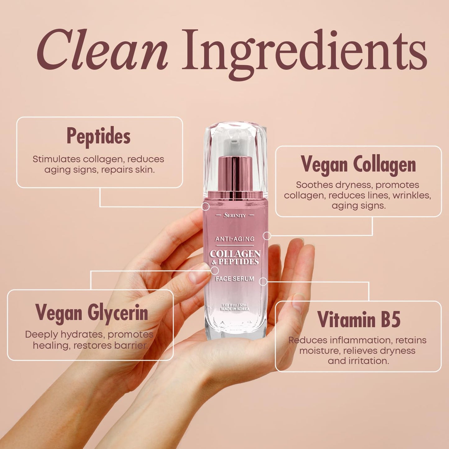Serenity Collagen & Peptides Serum For Face - Dermatologist Tested, Anti Aging Korean Skin Care - Hydrates, Firms, Softens and Supports Skin Barrier