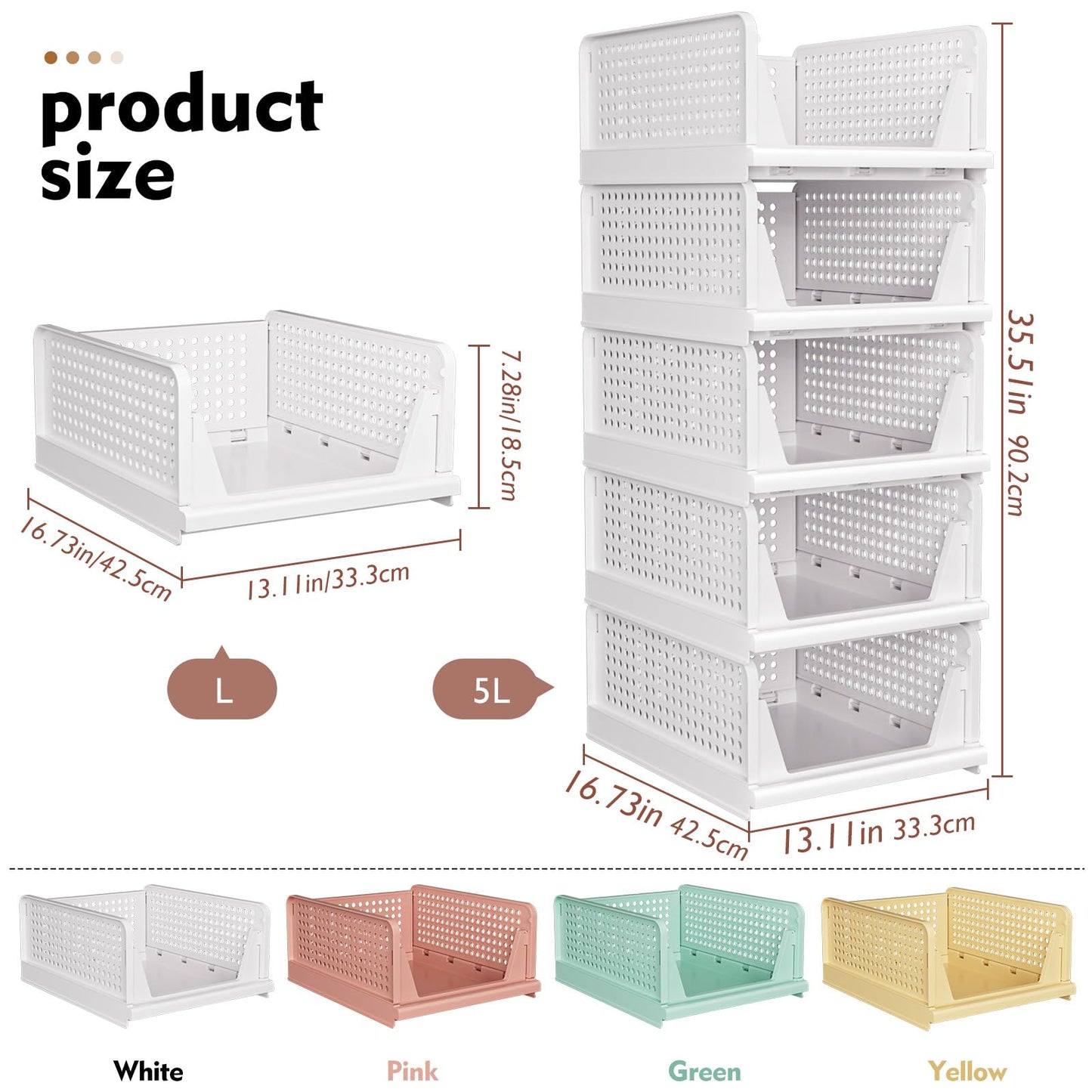 SNSLXH 5-Pack Stackable Storage Baskets – Foldable Closet Organizer for Bathroom, Kitchen, Laundry & Wardrobe – White, Space-Saving