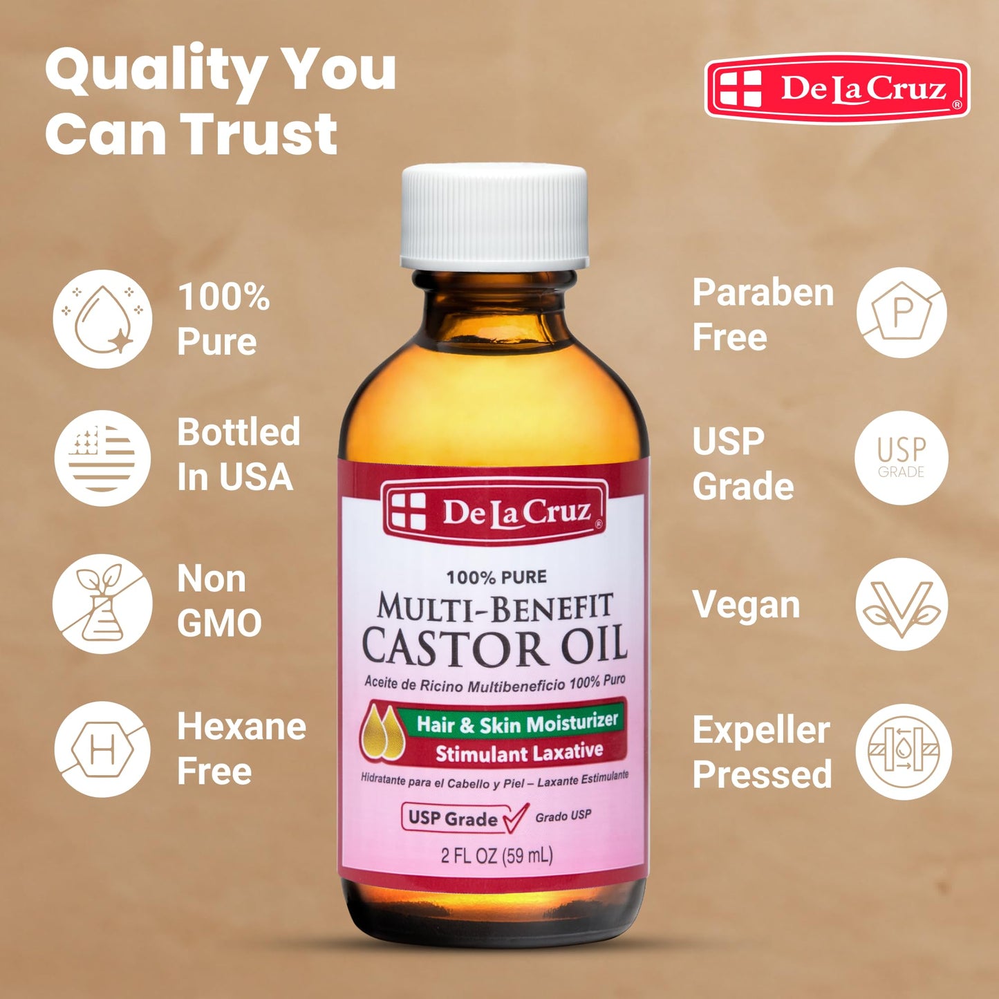 De La Cruz Castor Oil - 100% Pure Castor Oil for Hair, Skin, Eyelashes, and Eyebrows - USP Grade, 2 FL Oz (3 Bottles)