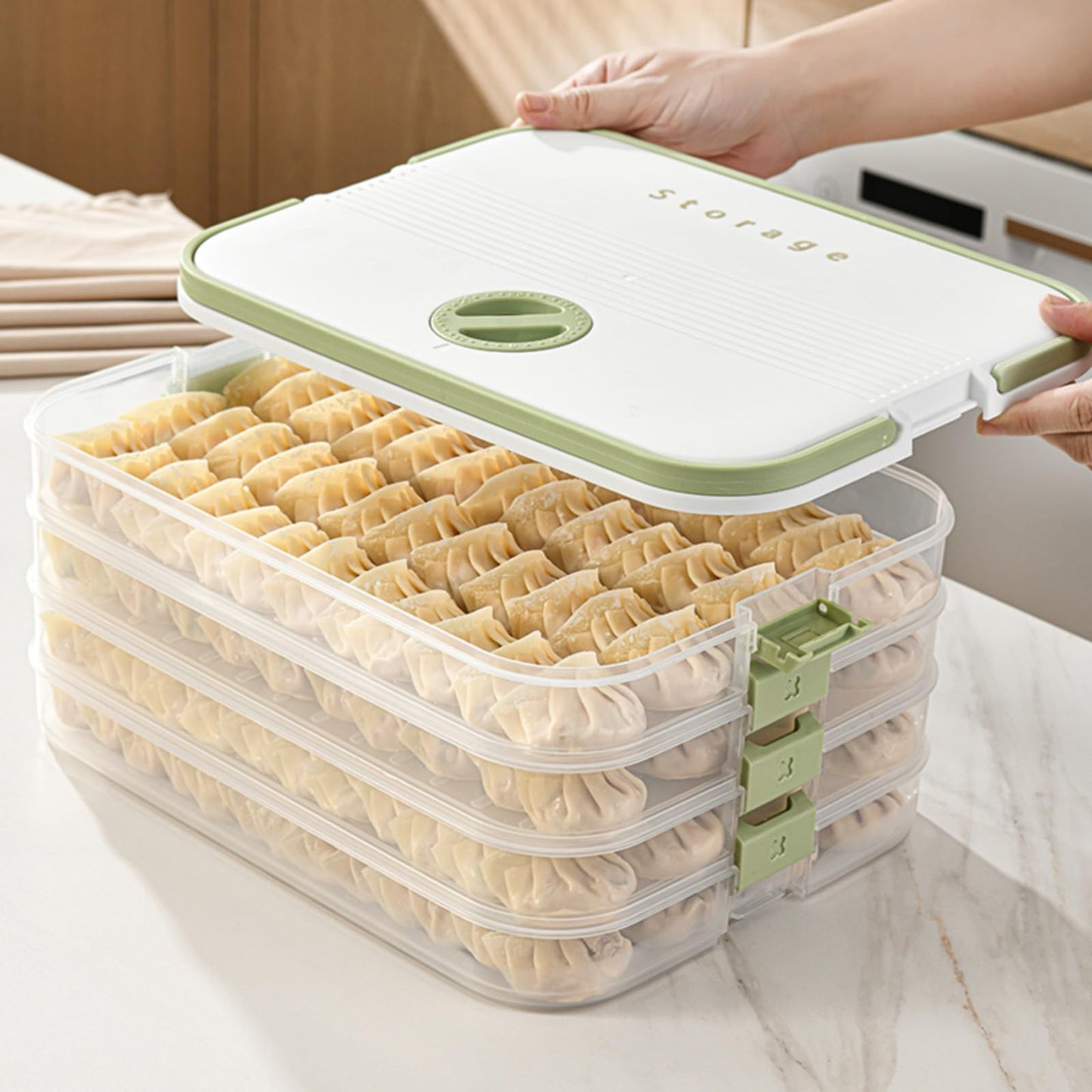 MueJah Dumplings Storage with 4 Layers, Stackable with Buckle, Lid & Handle for Cookies Wonton Donuts Box Organizer For Fridge, White-Green