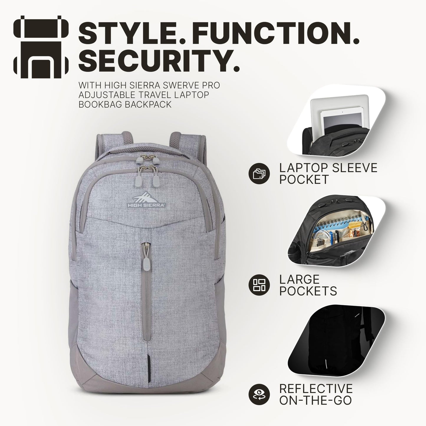 High Sierra Swerve Pro Adjustable Travel or Work Laptop Bookbag Backpack with Laptop Hammock and Water Bottle Compartments, Silver Heather
