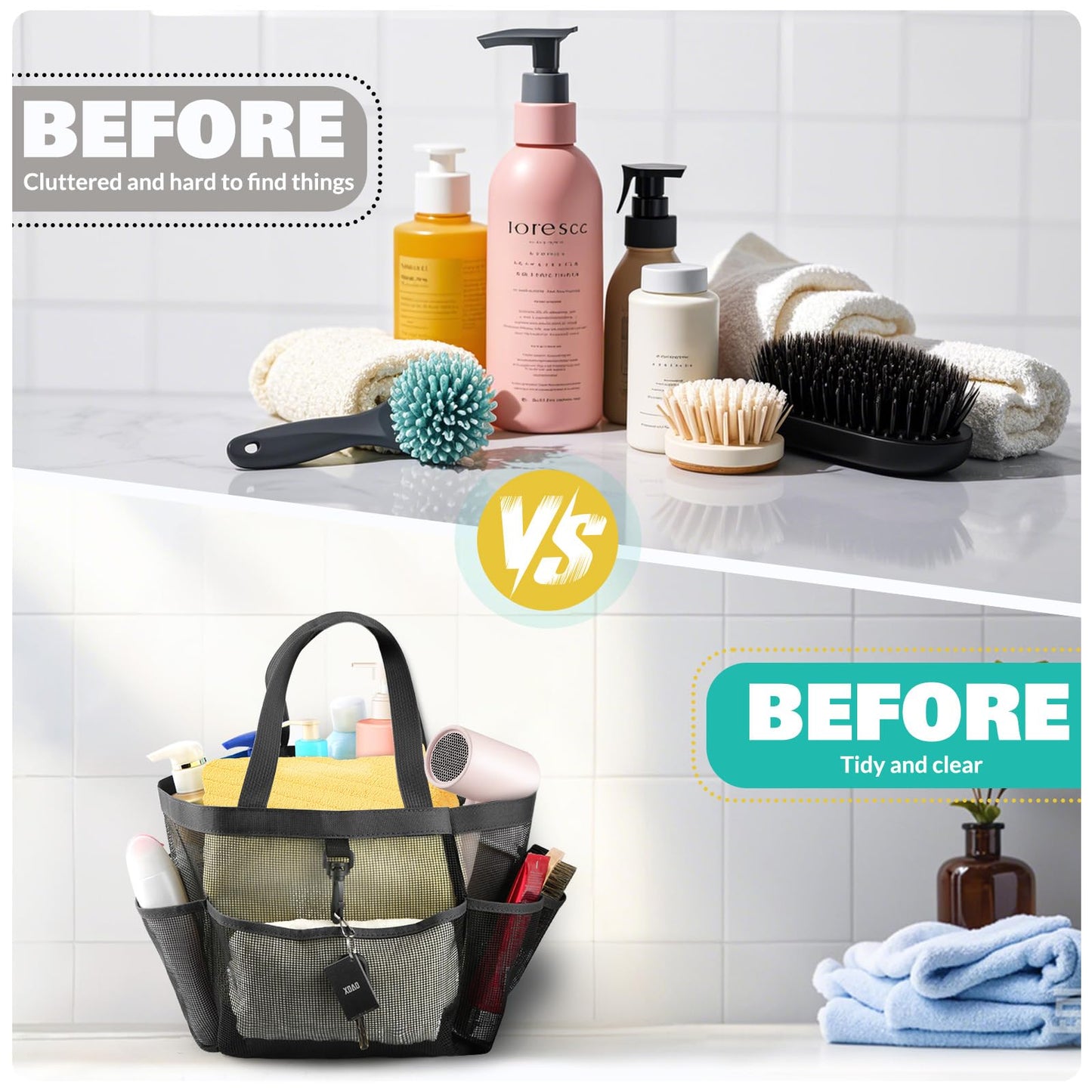 LOYEE Mesh Shower Caddy Portable for College Dorm Room Essentials with 8 Pockets, Shower Bag for Beach, Swimming, Gym, Travel, Bathroom(Black)