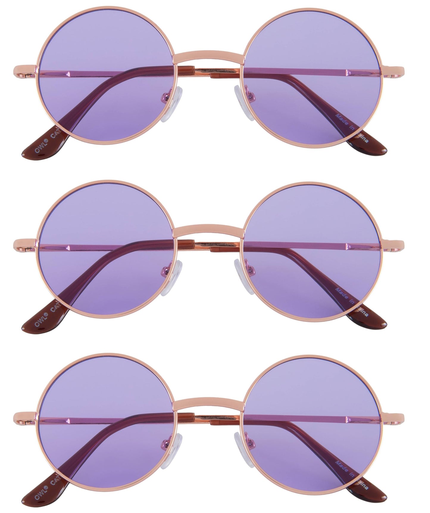 OWL Round Retro Vintage Purple Lens Sunglasses Gold Metal Frame 3 Pairs