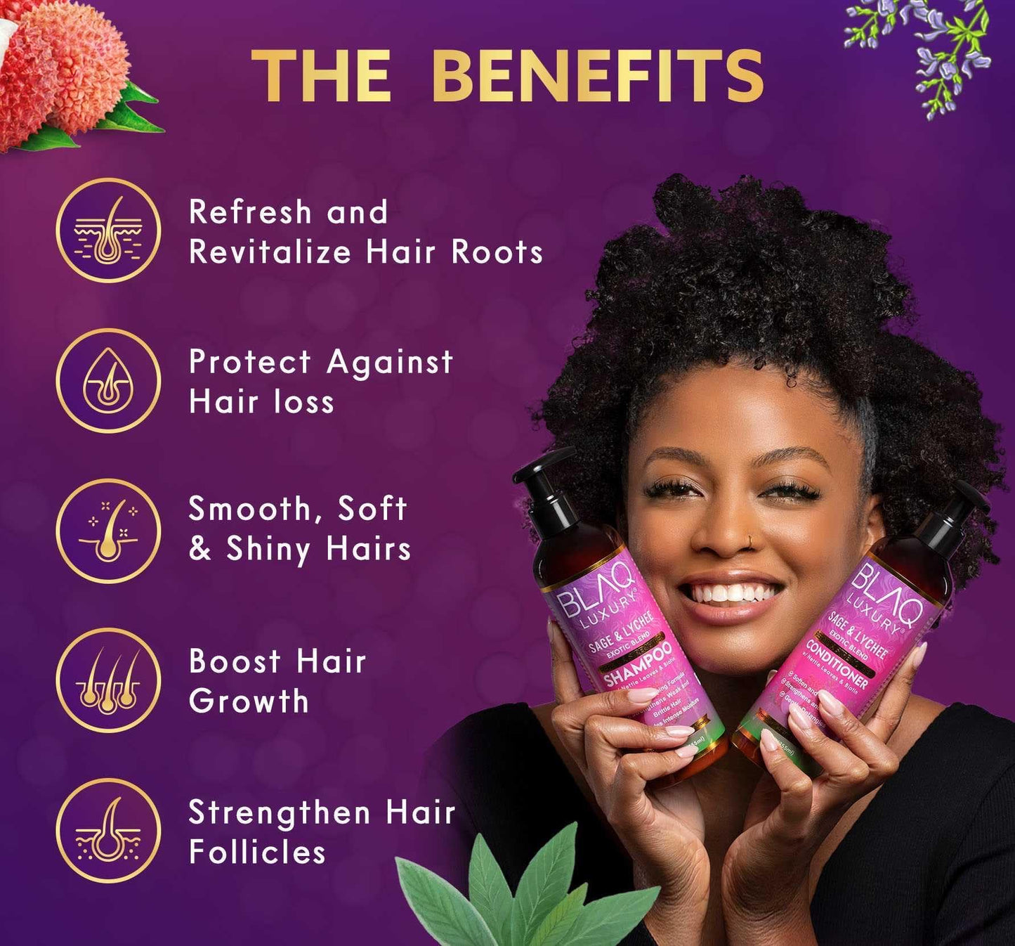 Blaq Luxury Sage & Lychee Repair and Strengthen Shampoo - Infused with Biotin and Nettle - Sulfate-Free Formula for All Hair Types - Promotes Hair