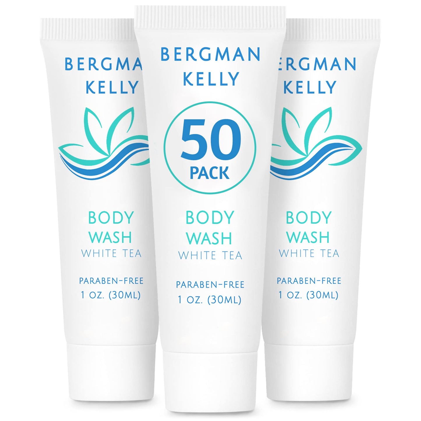 BERGMAN KELLY Travel Size Body Wash (1 fl oz, 50 PK, White Tea), Delight Your Guests with a Revitalizing and Refreshing Hotel Body Wash, Quality Mini
