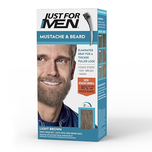 Just For Men Mustache & Beard, Beard Dye for Men with Brush Included, With Keratin Biotin Aloe and Coconut Oil for Healthy Facial Hair - Light Brown