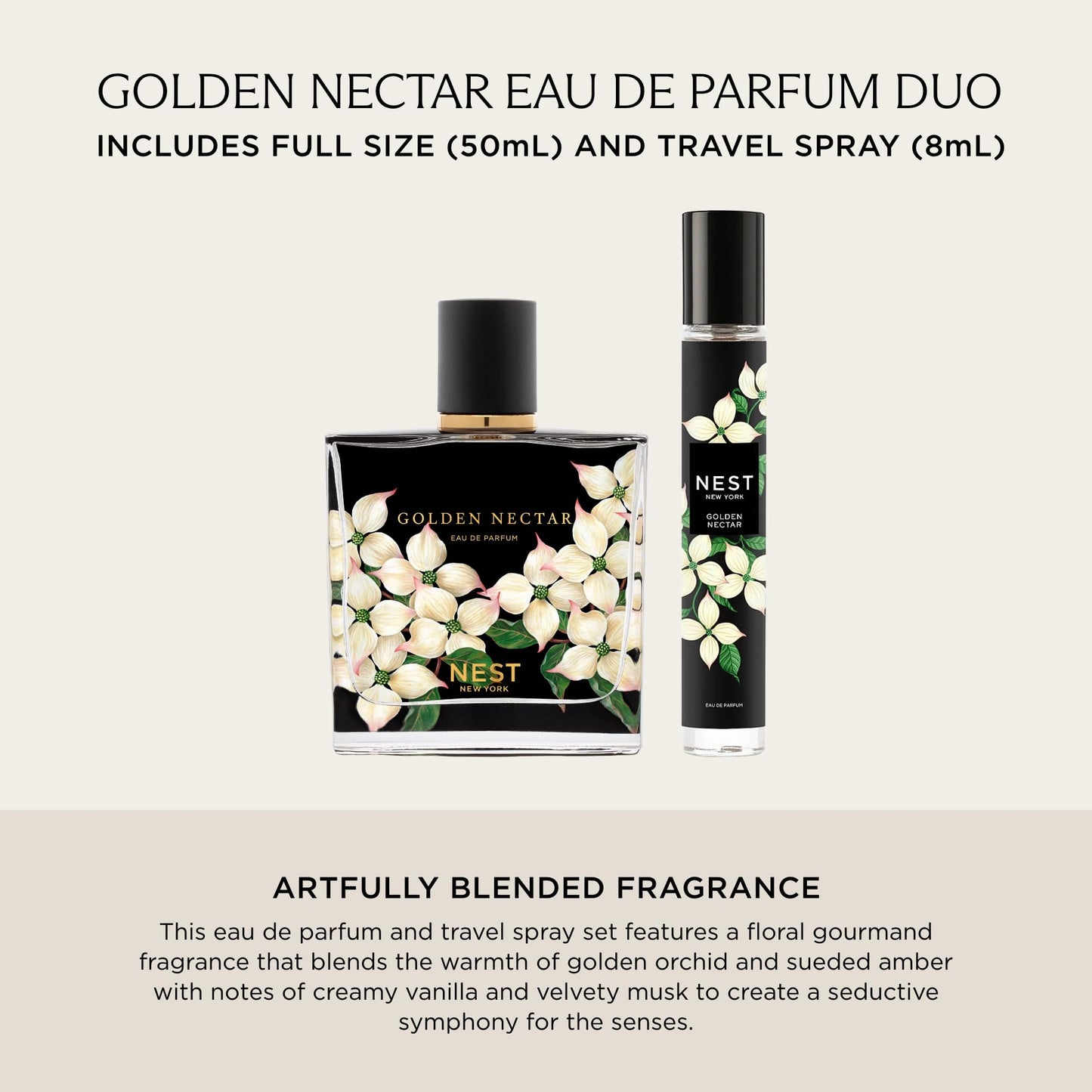 NEST New York Golden Nectar Fine Fragrance Set - Includes 50 mL (Full Size) & 8 mL (Travel Spray) - Vegan, Cruelty Free