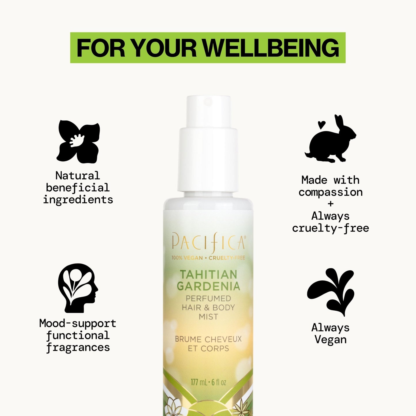 Pacifica Tahitian Gardenia Perfumed Hair & Body Mist, Alcohol-Free Spray Designed For Head-To-Toe Wear, Vegan & Cruelty-Free, 6 Fl Oz