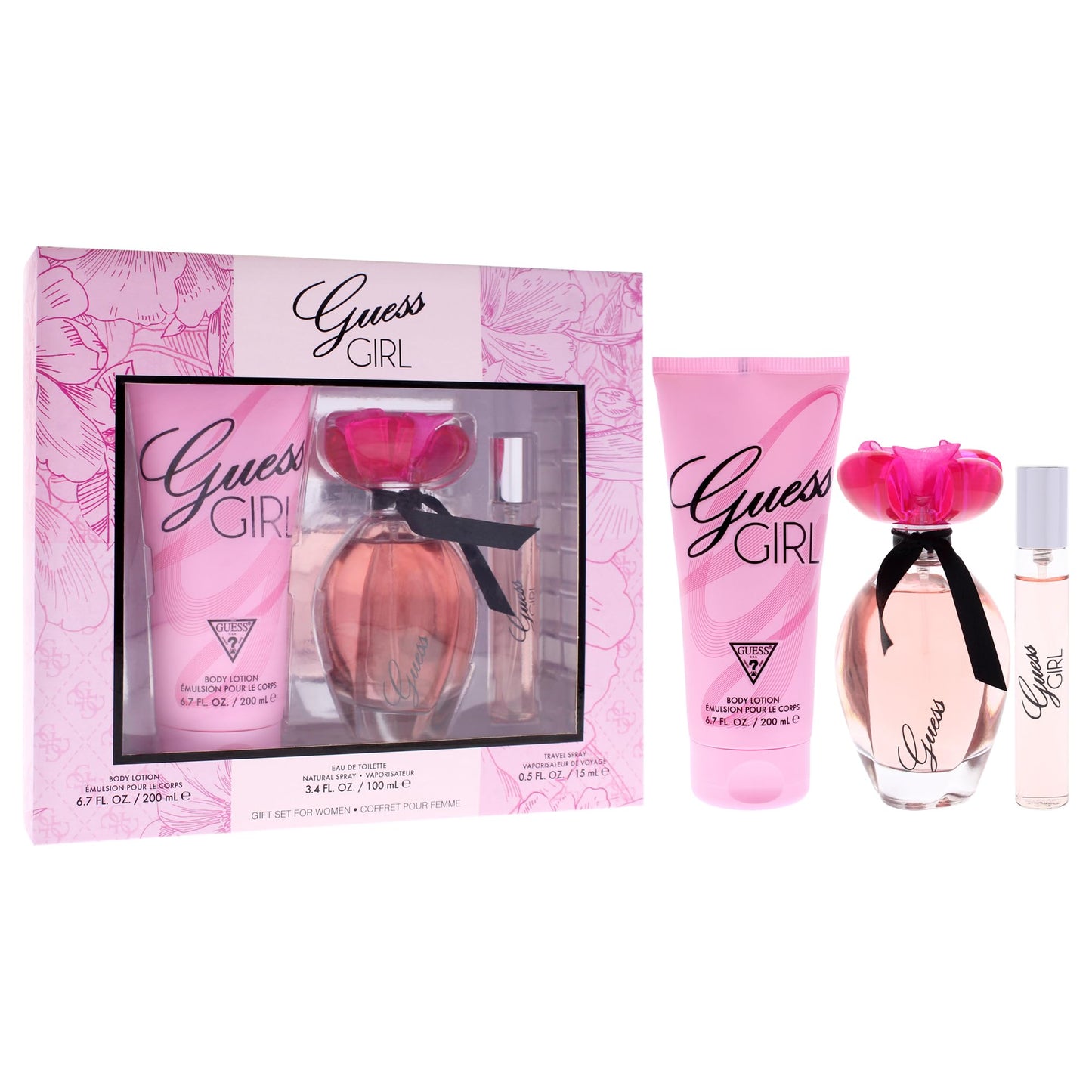GUESS Girl Eau de Toilette 3 Piece Gift Set - Perfume Spray 3.4 Fl. Oz., Travel Spray 0.5 Fl. Oz., & Body Lotion 6.7 Fl. Oz