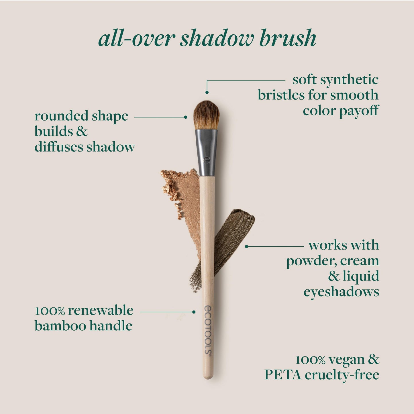 EcoTools All Over Eye Brush, Fluffy Eyeshadow Brush for Blending Lid & Crease Color, Soft Synthetic Bristles for Everyday Eye Makeup, Sustainable