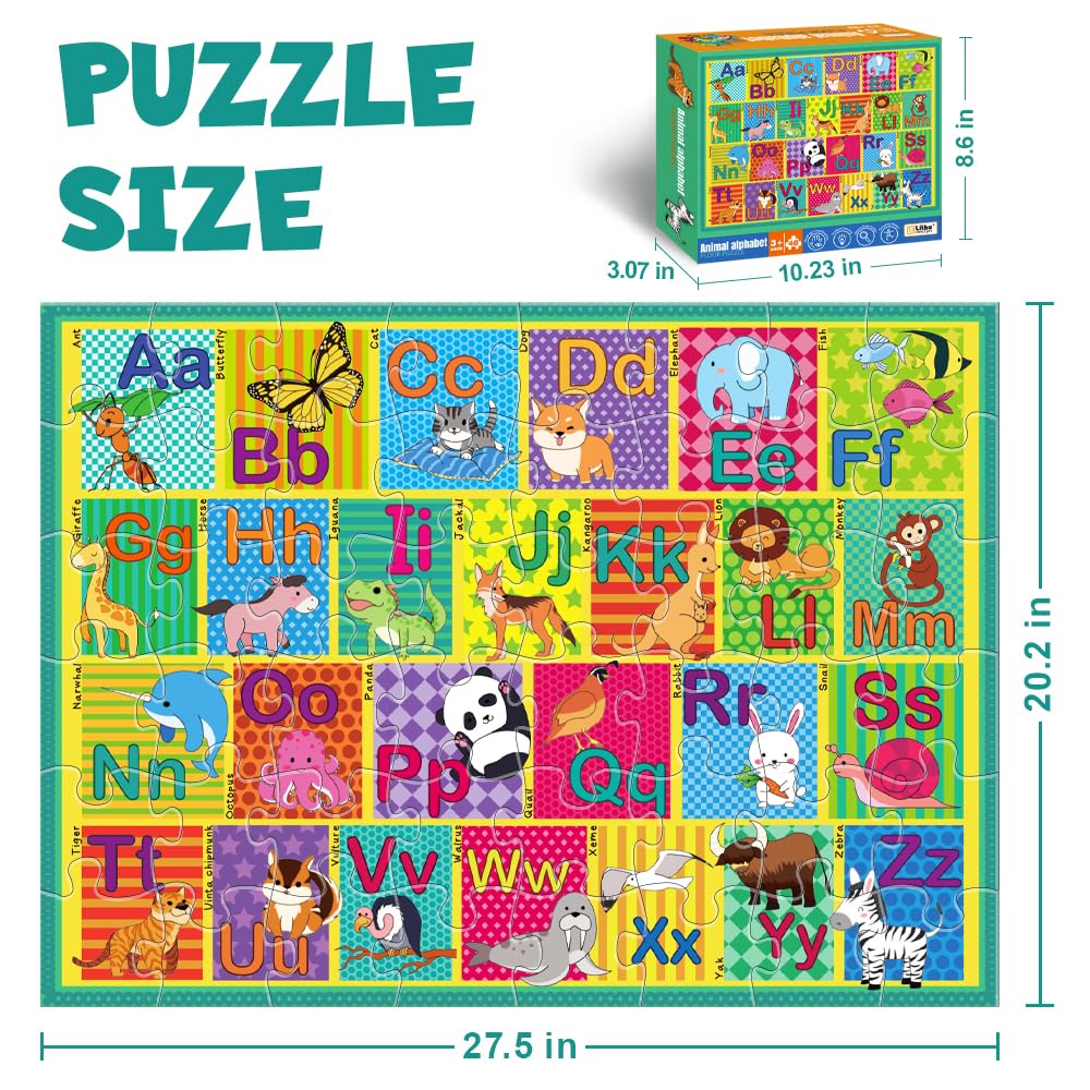 Animal Alphabet Floor Puzzle for Kids, 48 Pcs A-Z Educational Jigsaw, Preschool Learning Toys for Boys & Girls, Toddler Puzzle Ages 3+