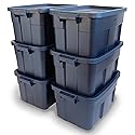 Rubbermaid Roughneck Tote 14 Gal, 6 Pack, Made in USA, Dark Indigo Metallic, Rugged Plastic Stackable Storage Bins with Lids and Handles