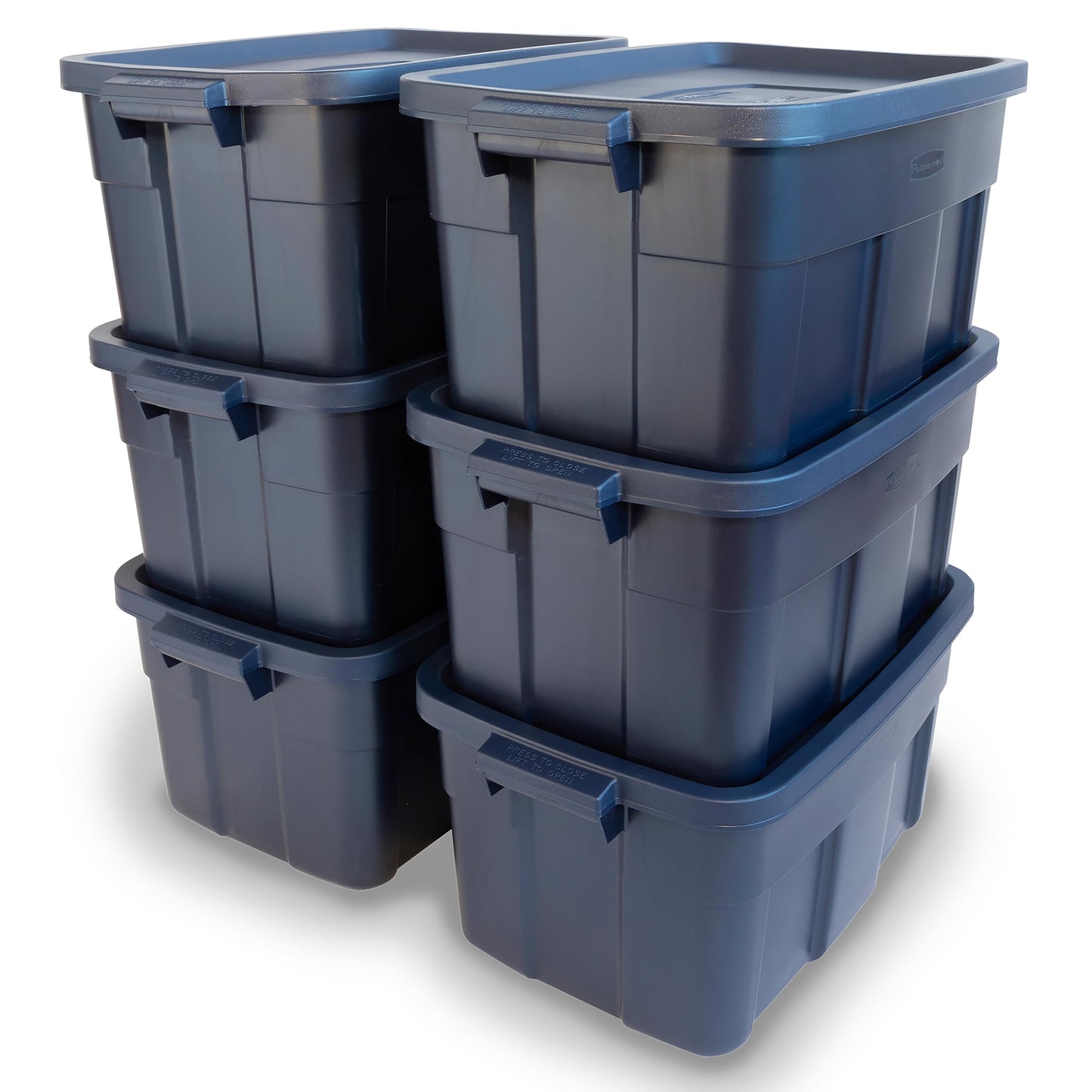 Rubbermaid Roughneck Tote 14 Gal, 6 Pack, Made in USA, Dark Indigo Metallic, Rugged Plastic Stackable Storage Bins with Lids and Handles