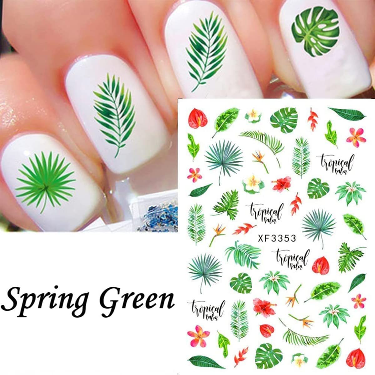 12 Sheets Summer Leaf Nail Art Stickers 3D Self-Adhesive Nail Decals Nail Art Supplies Palm Leaves Clover Nail Design for Women Manicure Nail