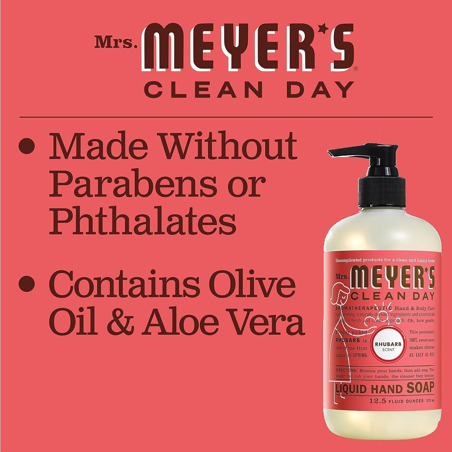 Mrs. Meyers Clean Day Liquid Hand Soap Hard 12.5 Oz Rhubarb Scent Pump Dispenser