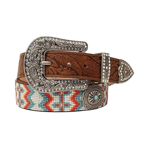 Angel Ranch Ladies Belt with Southwestern Beaded Overlay and Turquoise Stone Conchos (Multi Colored, Small)