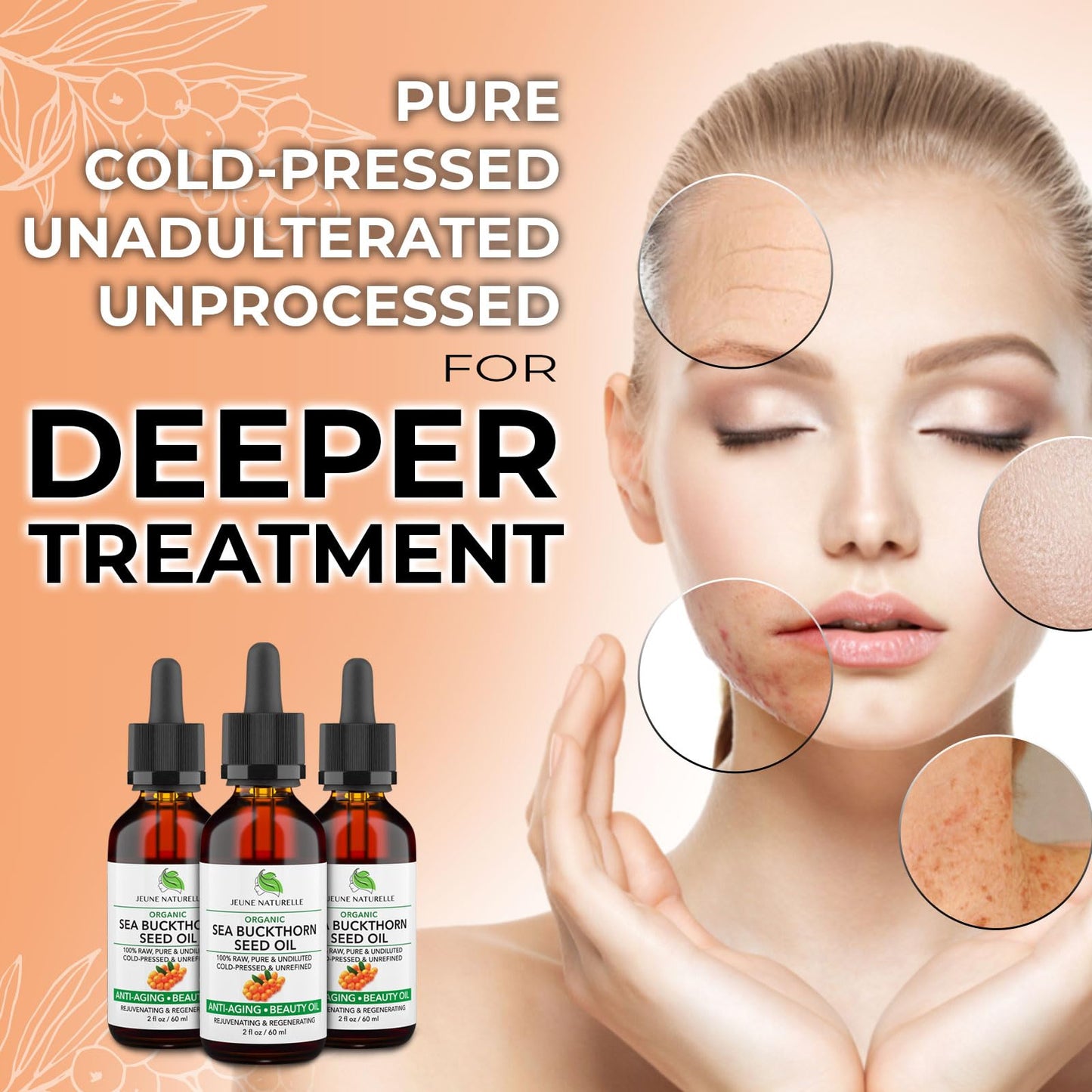 Jeune Naturelle Sea Buckthorn Oil Organic, From Fruit & Seeds, 100% Pure RAW Virgin Cold-Pressed Undiluted Unrefined, Fast Absorbing, Travel Size