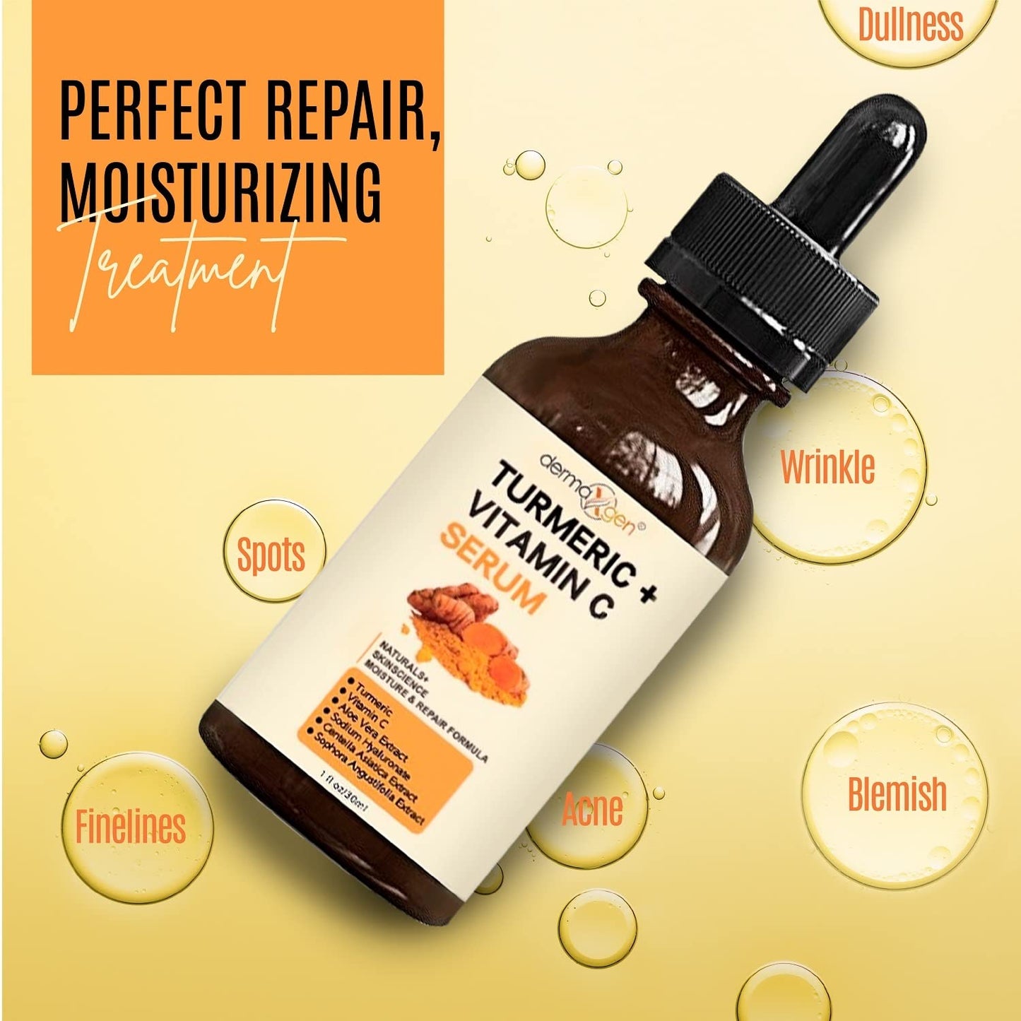 Turmeric and Vitamin C Anti-Aging facial serum, PURE ORGANIC Reduce Wrinkles, Improve Blemishes and Acne, Skin firming and Intensive Moisturizing