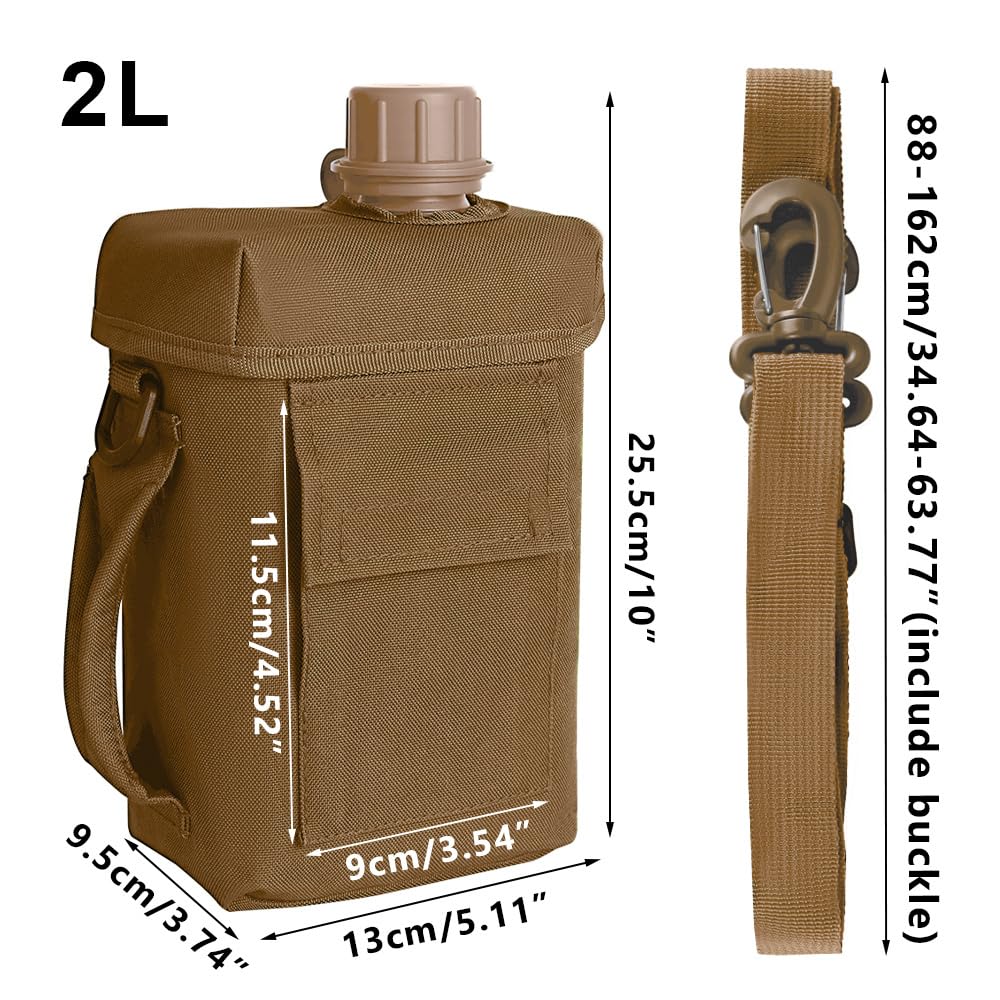 MiOYOOW 2L Water Bottle, Large Capacity Portable Tactical Canteen with Strap Buckle, Waterproof Drink Cup for Hiking, Camping, Sports