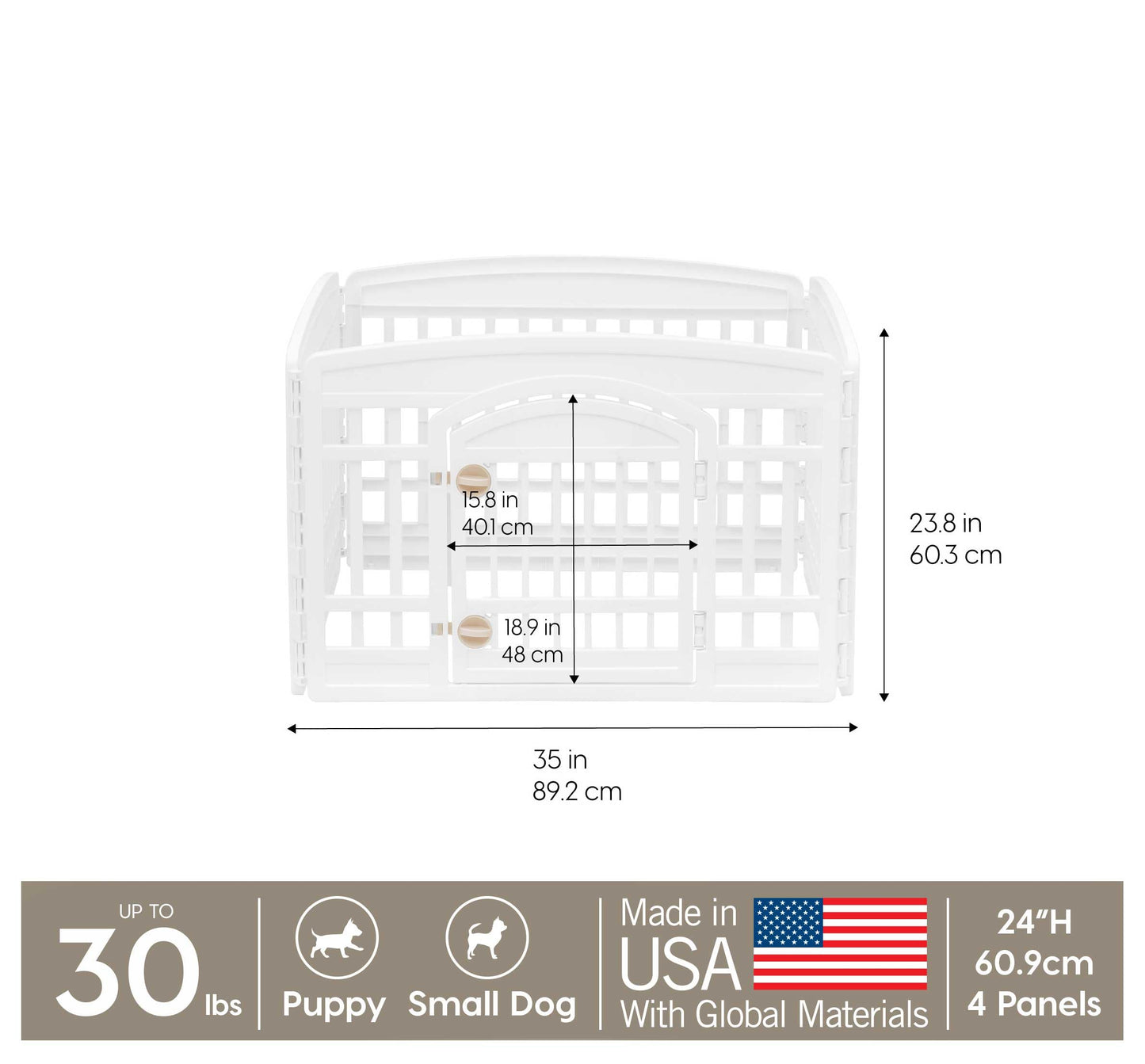IRIS USA 24" 4-Panel Dog Playpen with Door, 35 x 35 x 24, Puppy Playpen, Dog Play Pen Indoors, Pet Fence, Puppies/Small Dogs, White