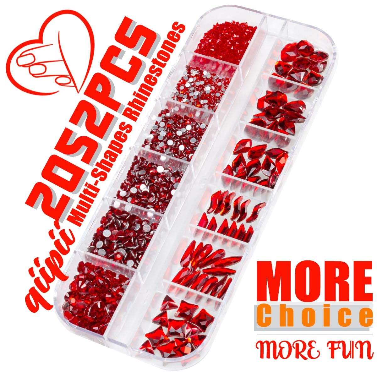 qiipii 2052Pcs Red Nail Rhinestones 72 Multi Shapes Siam Red Rhinestones for Nails Flatback Nail Gems K9 Glass Round Ruby Red Beads Stones Diamonds Beauty and Personal Care qiipii