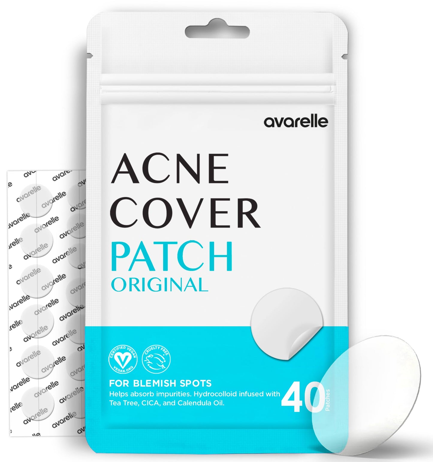 AVARELLE Cover Patches (40 Count) Absorbing Hydrocolloid Spot Cover with Tea Tree Oil, Calendula Oil and Cica, Certified Vegan, Cruelty Free