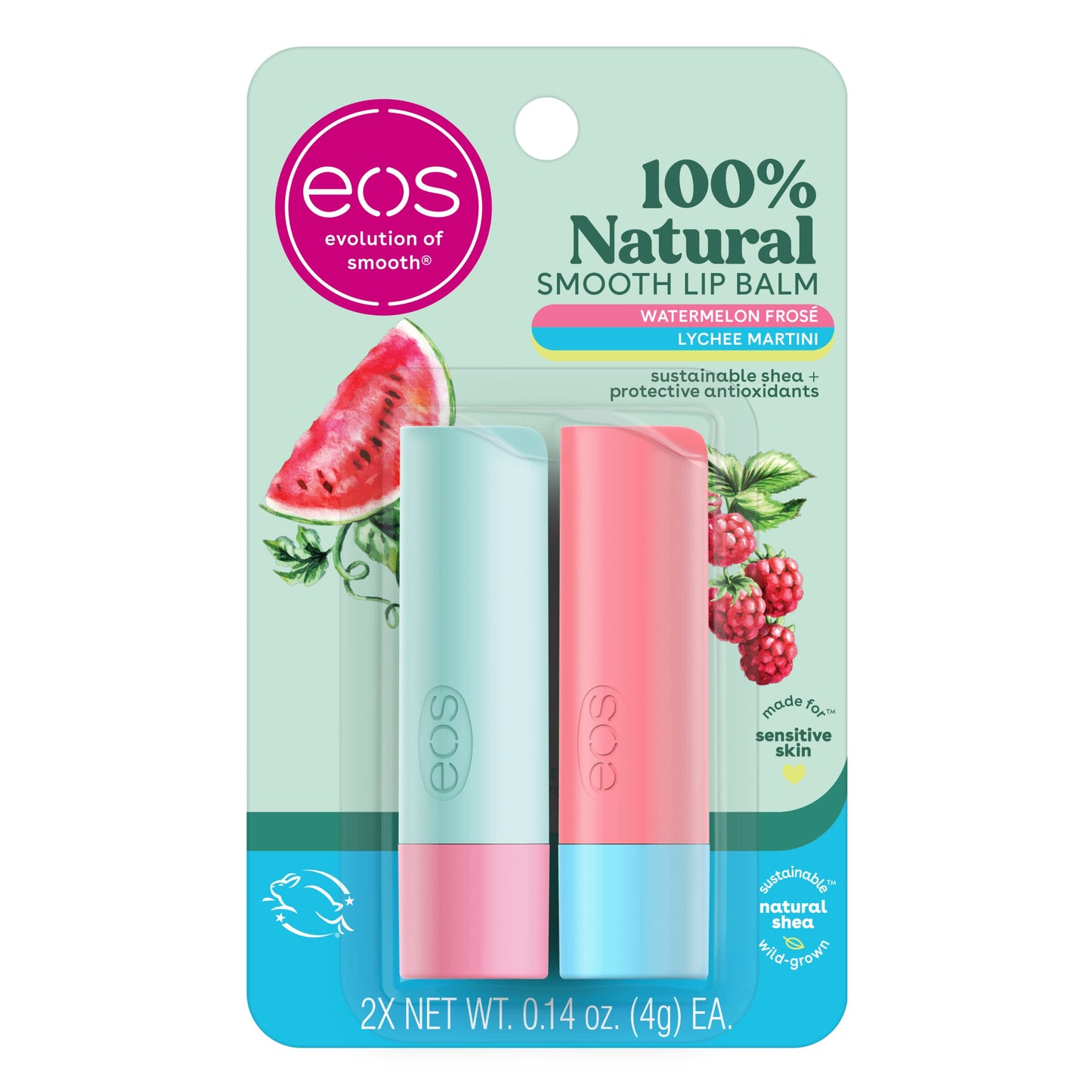 eos 100% Natural Lip Balm Sticks - Watermelon Frosé and Lychee Martini, All-Day Moisture, Dermatologist Recommended, All Natural Lip Balm, 0.14 oz