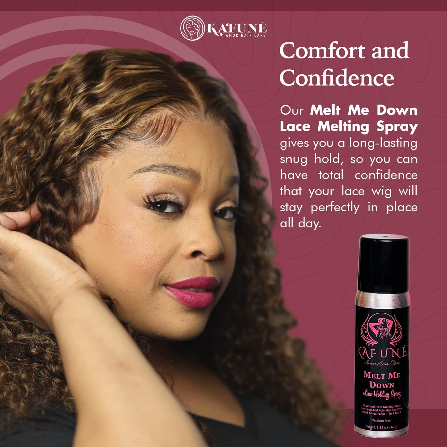 Kafune Amor Hair Melt Me Down Lace Melting Holding Spray - Glueless Wig Install, 1-5 Day Hold, Safe for HD/Swiss Lace Wig, No Flake/Residue, Quick