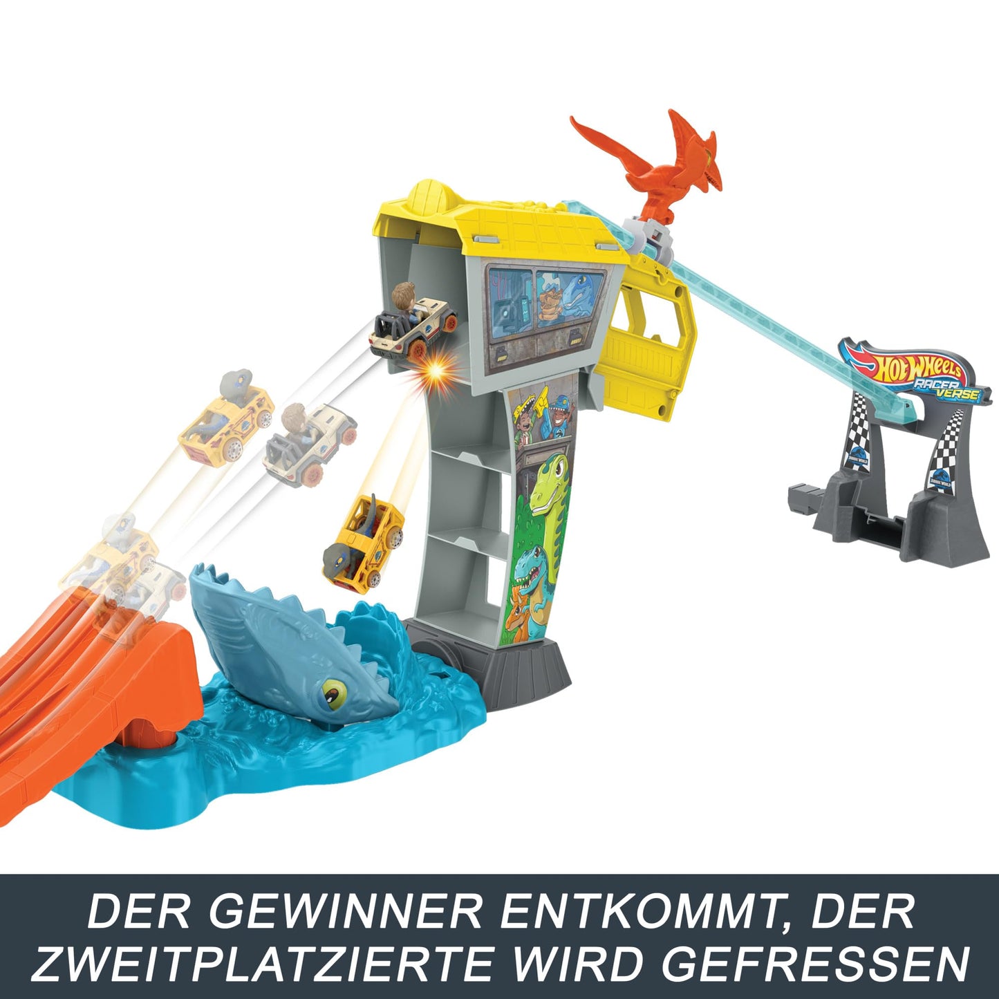 Hot Wheels Track Set & Toy Cars, RacerVerse Jurassic World Blue’s Raptor Rush Track Set with 2 Die-Cast Racers: Blue & Owen