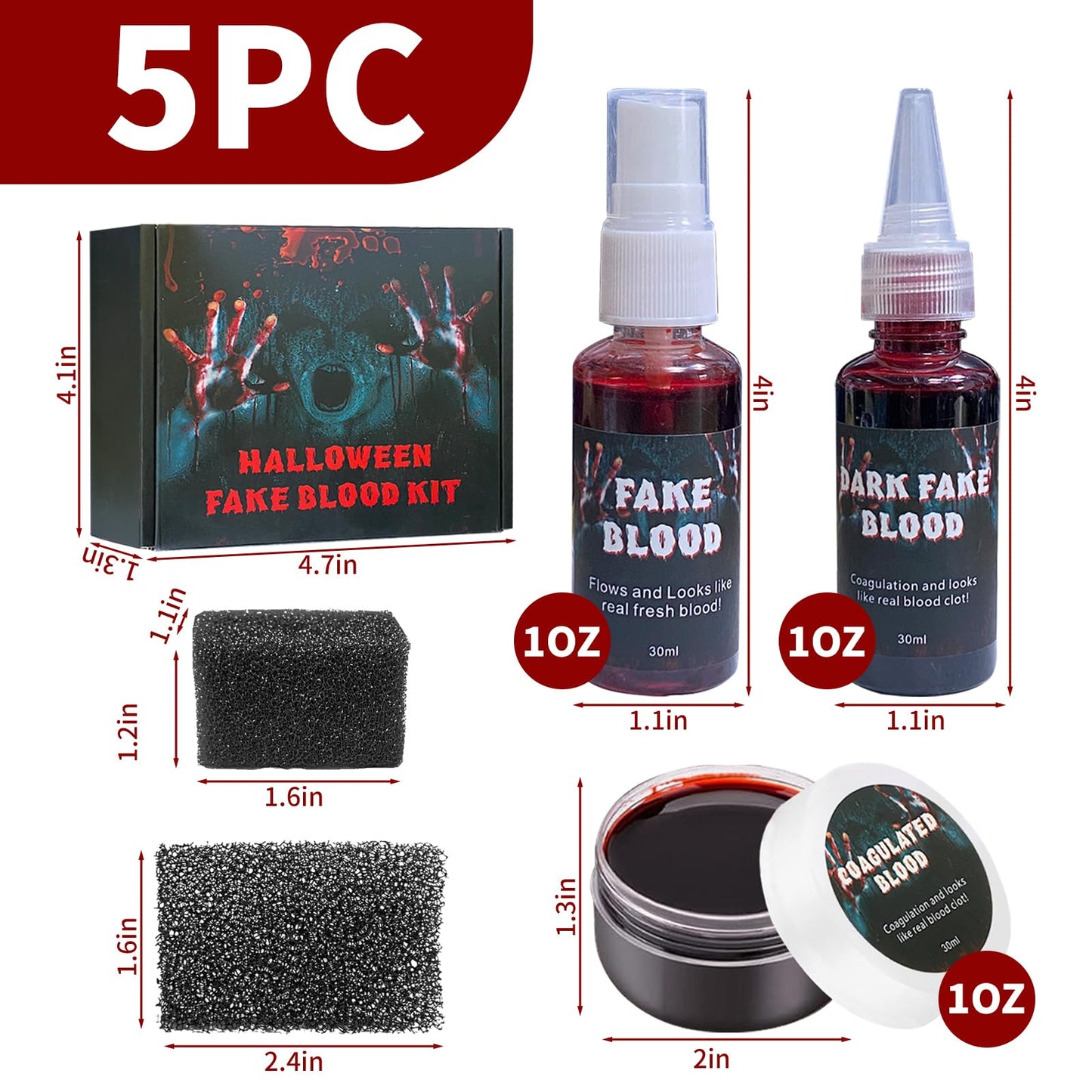 5PCS Halloween Fake Blood Kit, Fake Blood Spray, Fake Blood for Clothes, Suitable for Vampires, Zombies, Horror Costumes