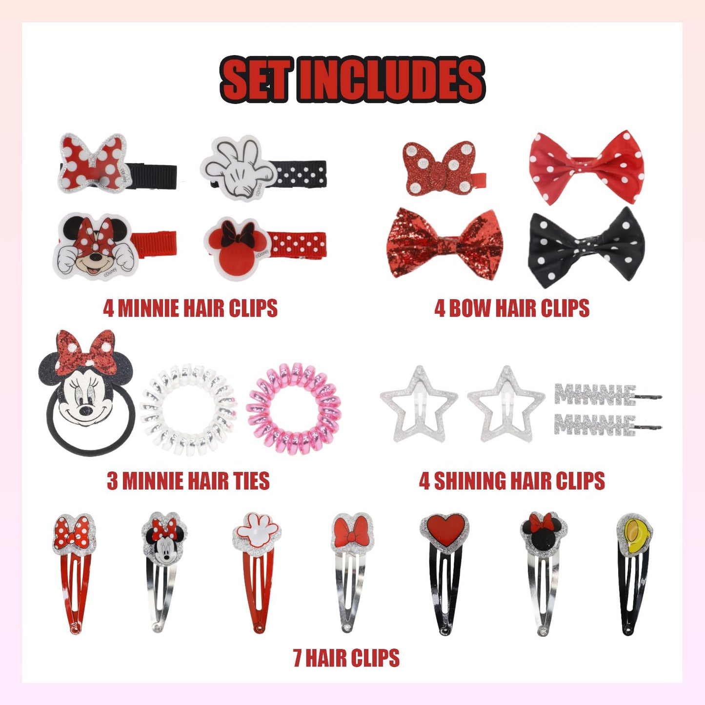 Townley Girl Disney Minnie Mouse Hair Accessories Set for Kids, Perfect for Parties, Sleepovers and Makeovers, Ages 3