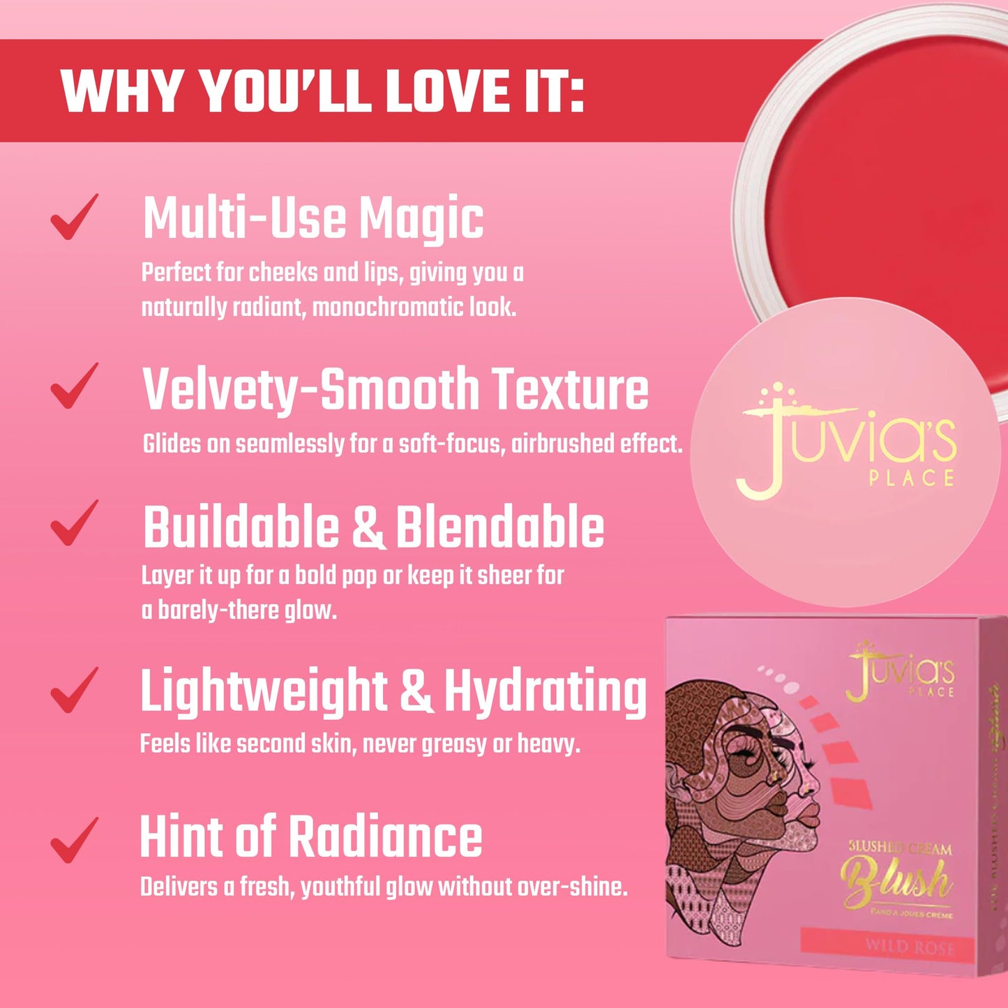Juvia's Place Blushed Cream Blush - Wild Rose - Multi-Purpose Cream Blush for Cheeks & Lips - 2in1 Formula, Smooth Blendable Texture for a Soft Dewy