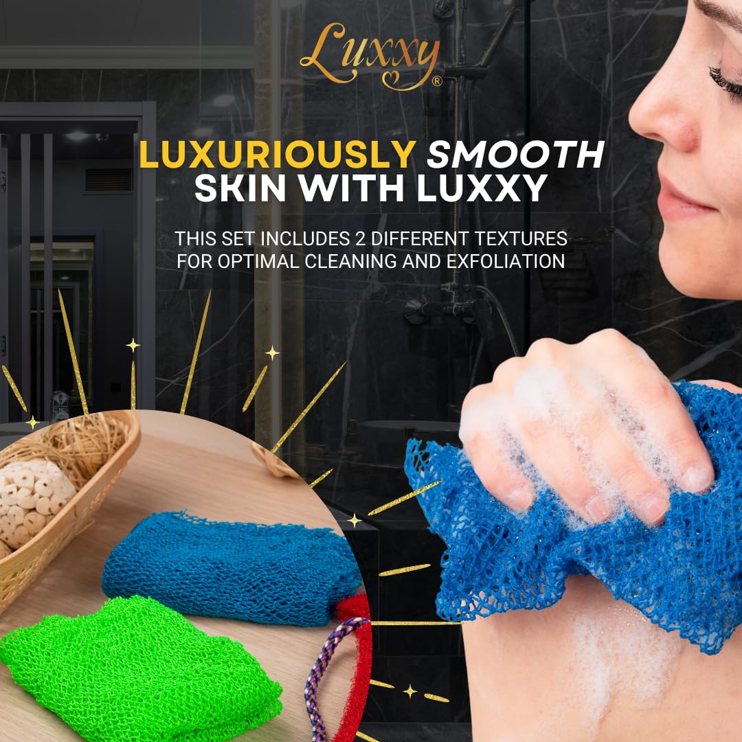 Luxxy® | 3 Pack Set 2 Soft African Exfoliating Nets & 1 Rough African Net Sponge with Handles For The Back, Neck or Feet, Black Women Owned, Achieve